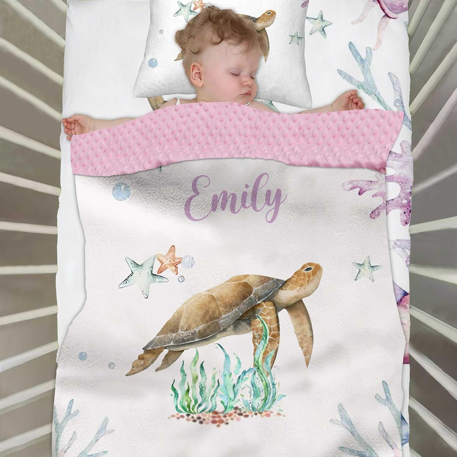 Custom Crib Bedding Set for Girls, Personalized Baby Girl Bedding Sets with Name, 3 Piece Bedding Set for Toddler Infant, Comforter Fitted Crib Sheets Pillowcase Set, Sea Turtle Nursery Bedding