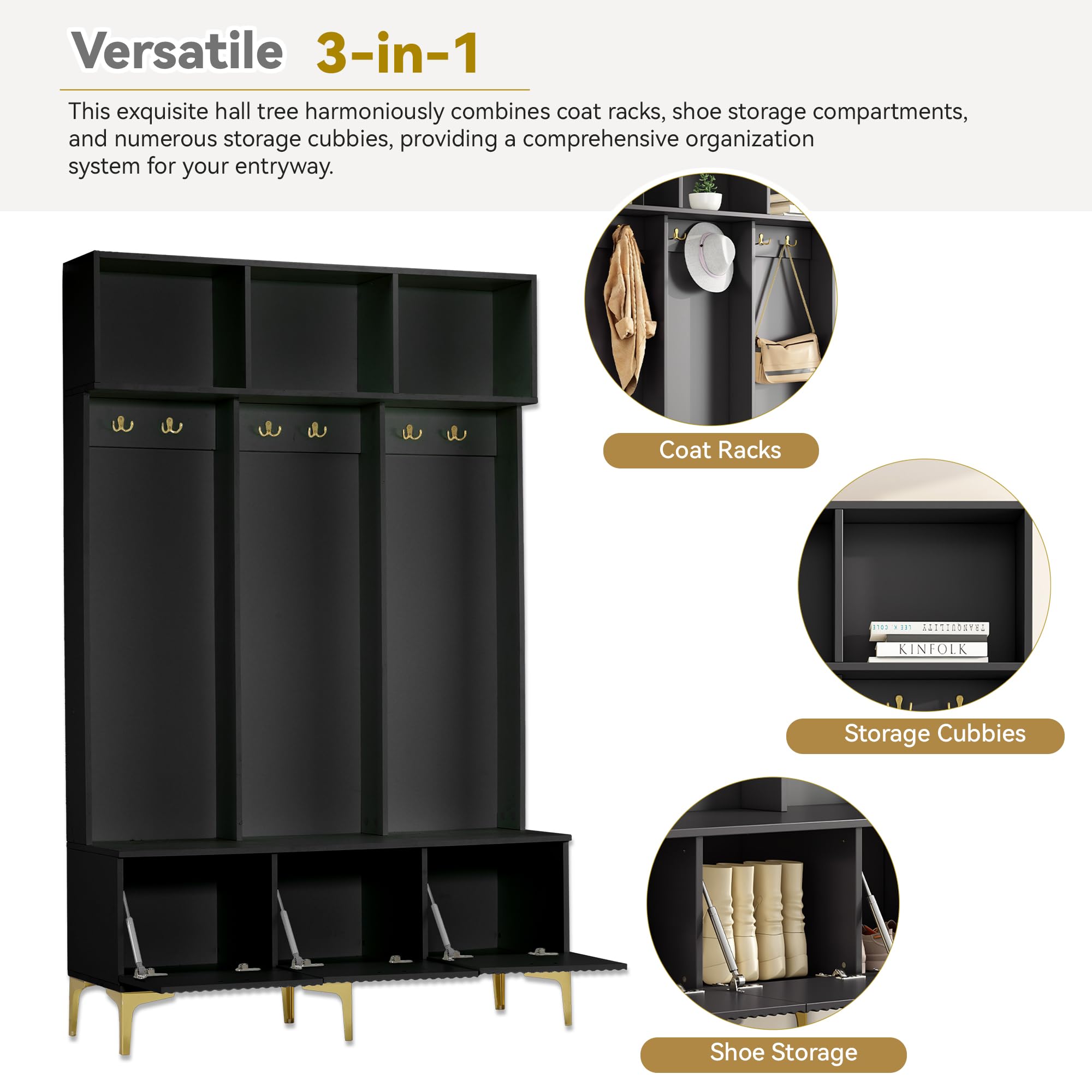 Ymkua Garderobenset Wandgarderobe, Flurgarderobe Set mit offene Aufbewahrung, Garderoben Set mit 6 Goldene Haken und Türen, Kompaktgarderobe, Wandgarderobe, B120/D23.5/H191.5 cm (Schwarz)
