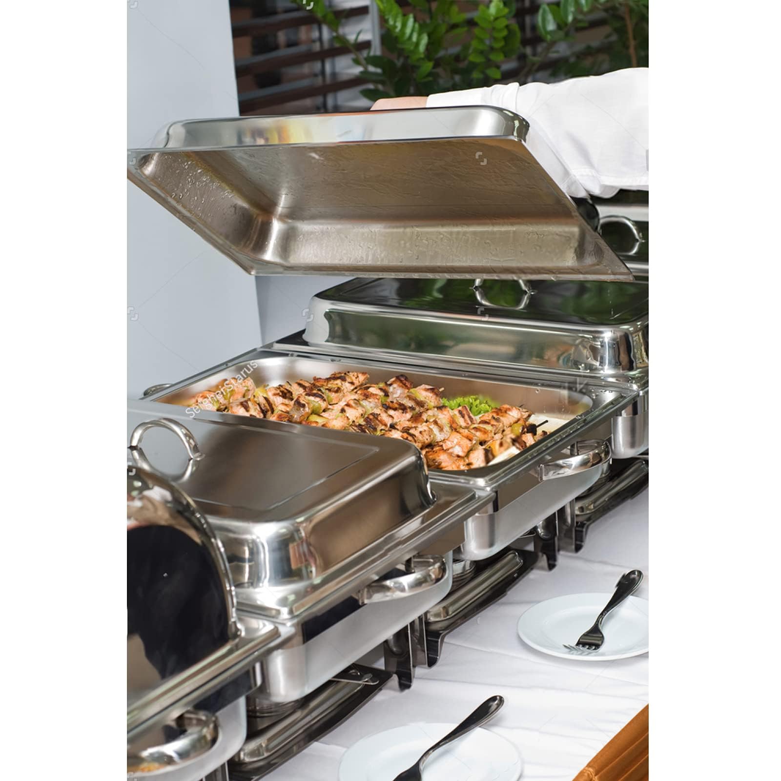 Paquete de 4 platos de acero inoxidable de 8 cuartos de galón, plegables, rectangulares, bandeja de alimentos, soporte de combustible y tapa, calentadores de alimentos para fiestas, banquetes,