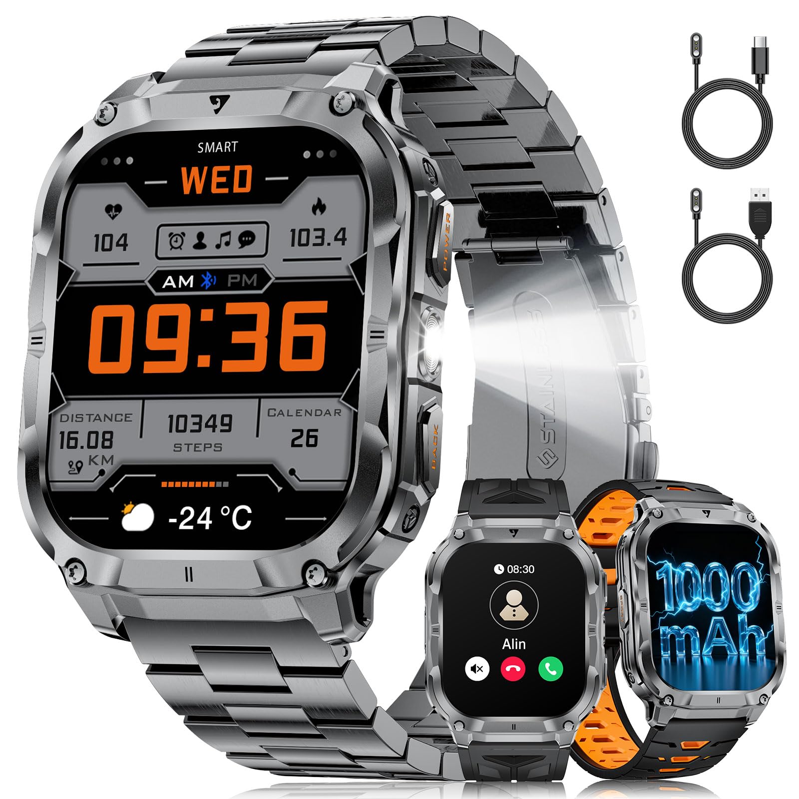 LIGE Montre Connectée Homme（3 Bracelets）, Smartwatch avec Torche LED/Batterie 1000mAh/2.0" HD Grand Écran/Appel Bluetooth/Cardiofréquence/Analyse Sommeil/100+Modes Sport, Smart Watch Android/iOS
