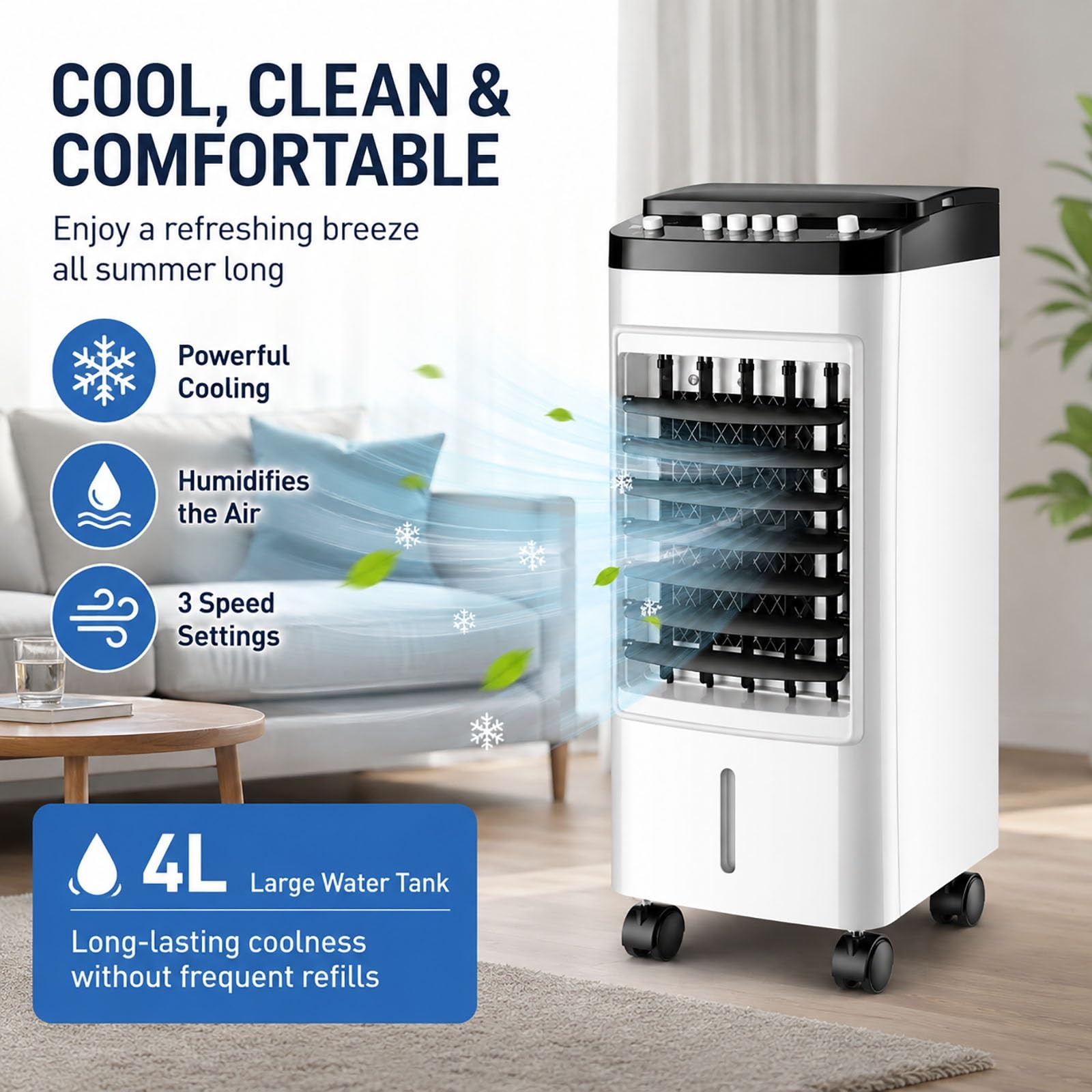 Rinfrescatore d'Aria Evaporativo 3-in-1 per Casa, Umidificatore e Ventilatore Portatile 4 Ghiaccioli, 3 Velocità, Oscillazione 120°, Ultra Silenzioso per Camera da Letto, Soggiorno, Ufficio