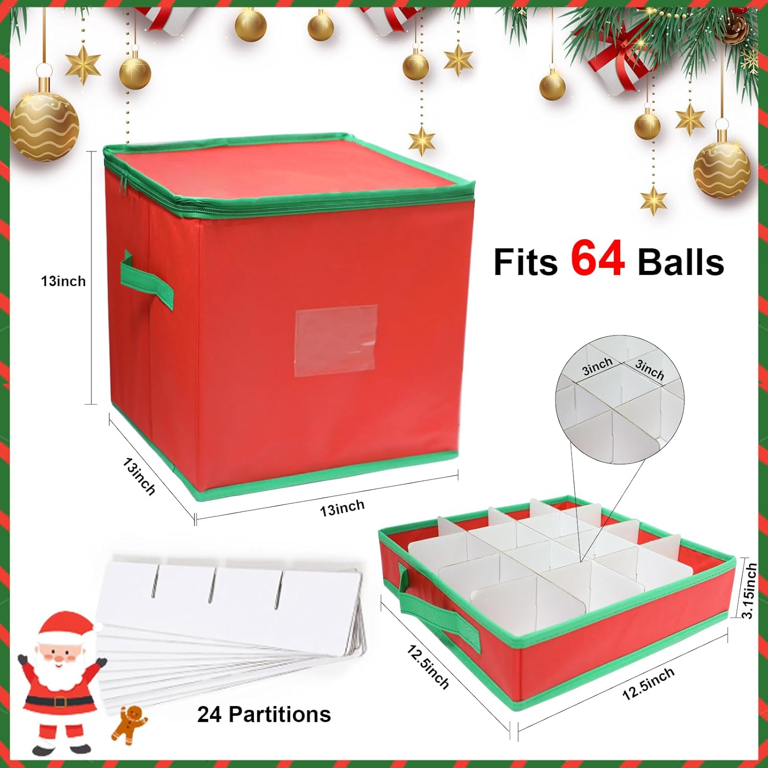 Christmas Ornament Storage Box, Xmas Storage Container Up To 64 Ornaments Decoration Balls With 4 Separate Removable Trays,Red Oxford Canvas Holiday Storage Case With Lid For for Xmas Storage - Image 3