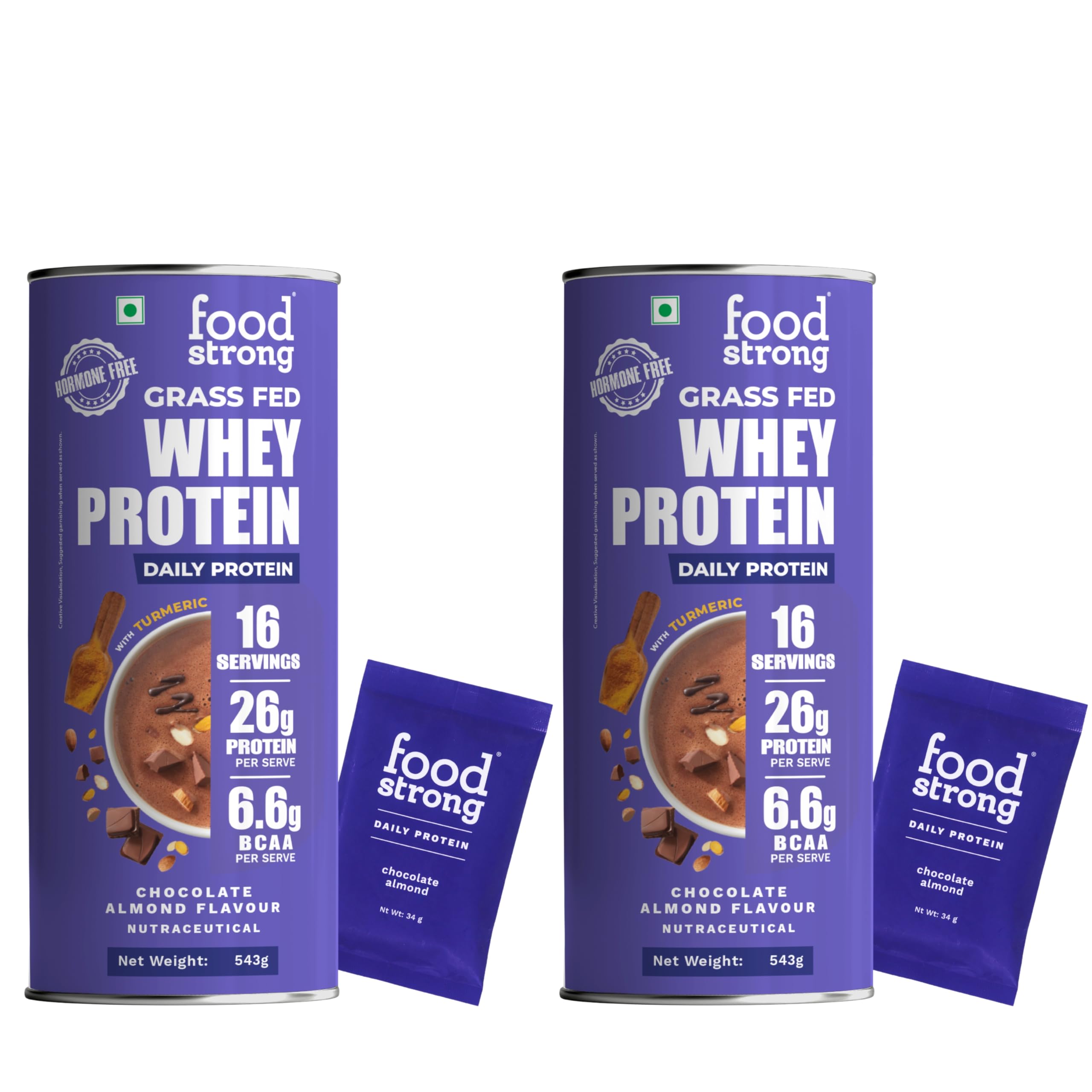 Foodstrong Whey Protein Powder (Concentrate + Isolate), 100% Hormone Free Grass-Fed Whey, 26G Protein & 6.6G BCAA, Chocolate Almond, With Turmeric & Digestive Enzymes, 16 Sachets, 543G (Pack Of 2)