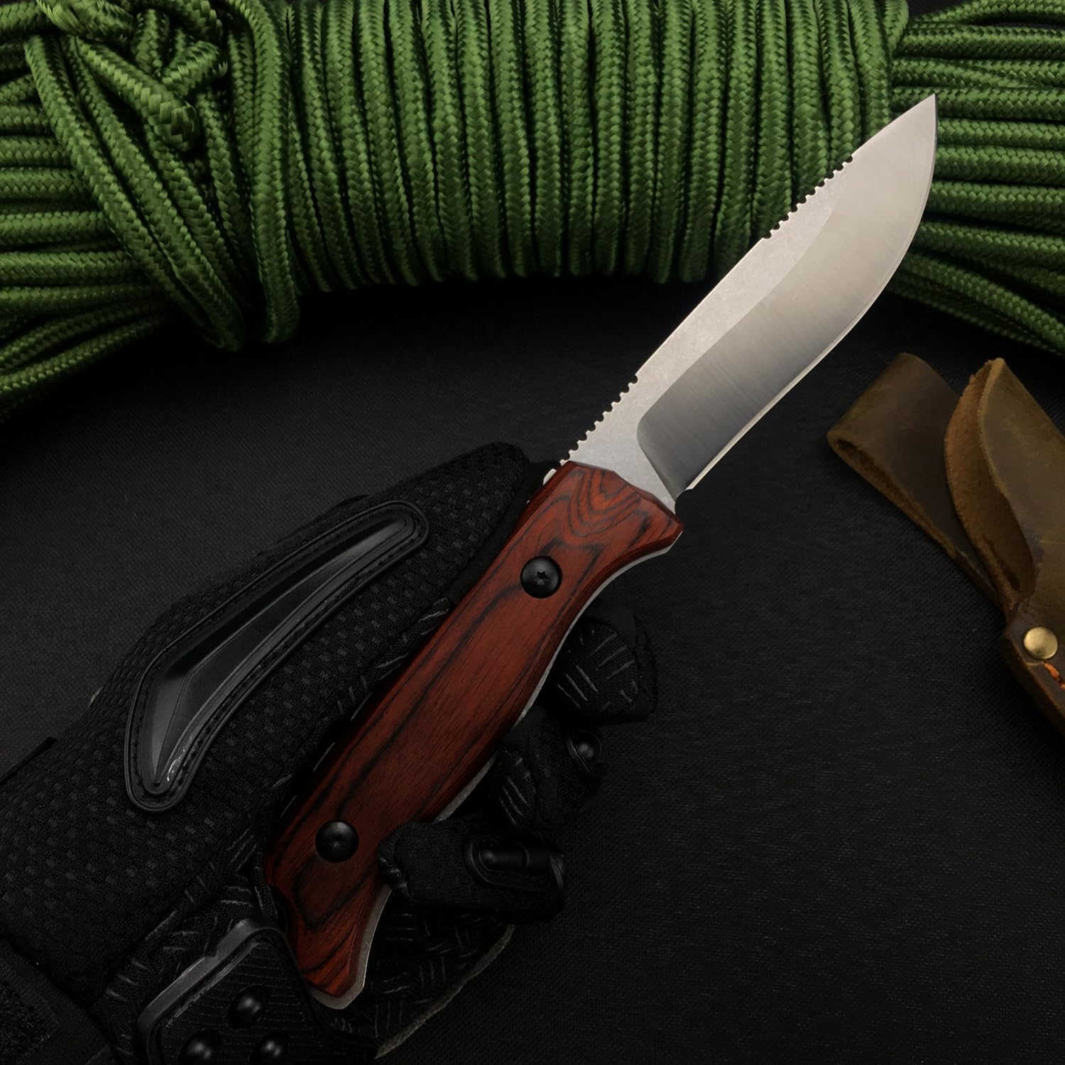HUAAO 8.7in Fixed Blade Knife Full Tang, Drop Point 440C Blade, Wood Handle, Hunting Knife with Sheath for EDC Camping Survival