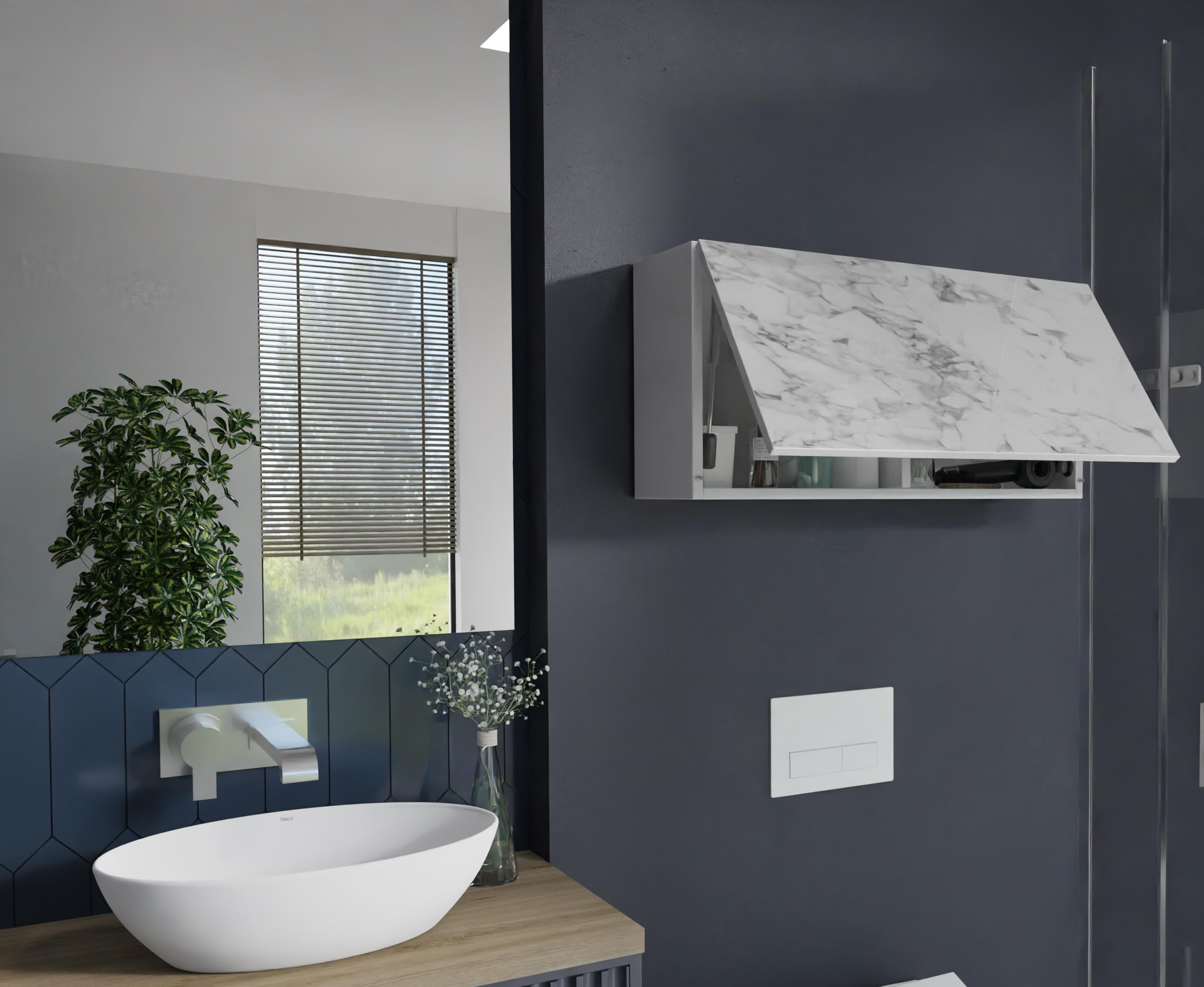 PLATAN ROOM - Armadietto da bagno, larghezza 80/120/160/200/240 cm, mobiletto da bagno pensile con anta ribaltabile (bianco opaco o marmo lucido 80 x 40 x 25 cm)