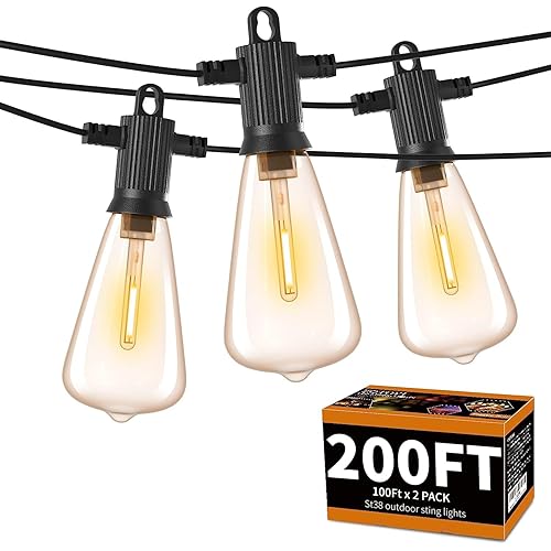 ZOTOYI Outdoor String Lights 200 FT, Waterproof IP65 Patio String Lights for Outside with 104 Shatterproof ST38 Bulbs(4 Spare), LED Hanging Lights for Bistro, Backyard, Garden 2700K(2-Pack 100FT)