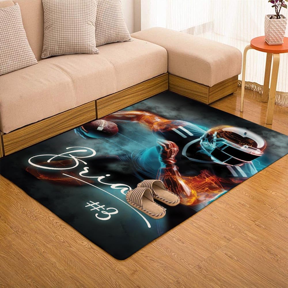 Custom Futuristic Football Player Rug - Sports Decor for Boys, 2x3, 3x5, 4x6, 5x8 Sizes, Fluffy Carpet for Bedroom & Living Room
