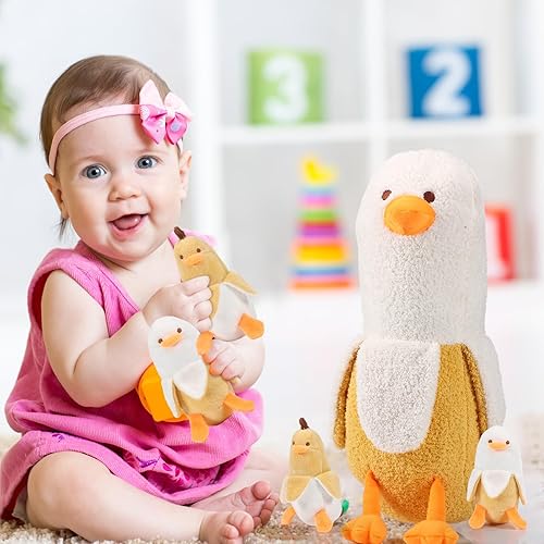 Miniatura 5 de Poen Animal de peluche de pato de plátano de 18 pulgadas con 4 mini juguetes de peluche de plátano, divertido regalo para niños y niñas, cumpleaños,