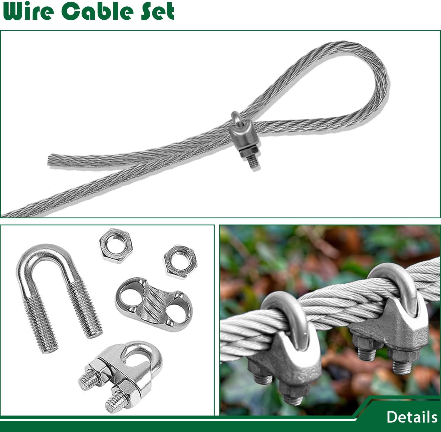 Shade Sail Hardware Kit with 177FT Cable Wire Rope for Rectangle Triangle Sunshade Installation, 3/16" Stainless Coated Cables for Garden String Light Hanging, Included 8 Pcs Clamps