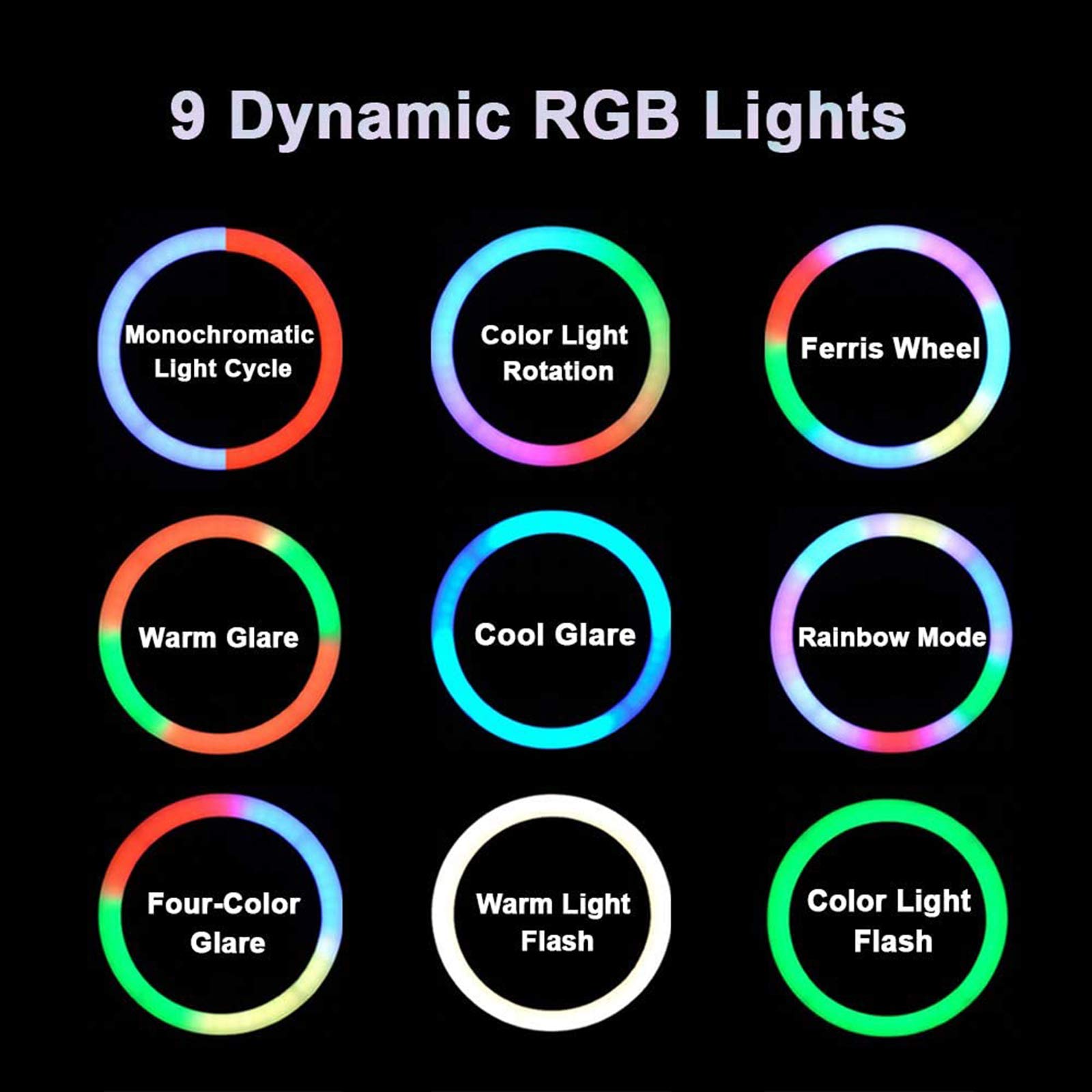Luce ad Anello LED Pieghevole, 3 modalità Colore Luce per Selfie Trucco Luce Dimmerabile 15 Colori RGB 9 modalità Dinamiche per Youtube, TIK Tok, Fotografia,Nero