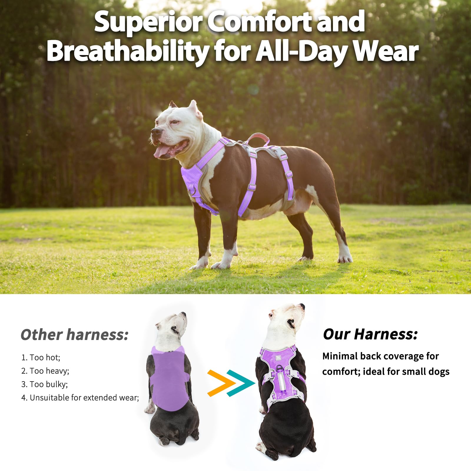 Huntboo Escape Proof Dog Harness, Escape Artist Harness, Reflective Harness with Padded Handle, Breathable, Adjustable Vest for Medium Dogs Walking, Training, and Running Gear (Lavender Purple,XL) - image 5