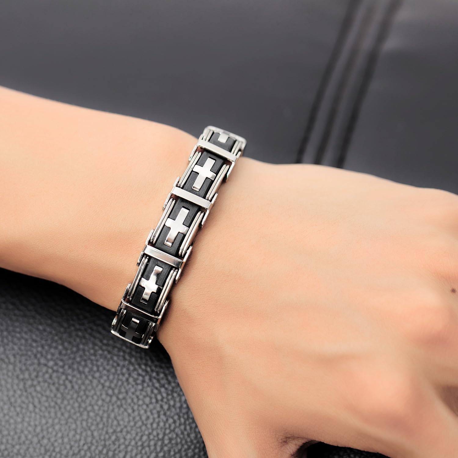 Cross Bracelet for Men,Stainless Steel Silver & Black Cross Design Rubber Religious Bracelet, Adjustable Stylish Christian Jewelry 21 cm 8.26 inches