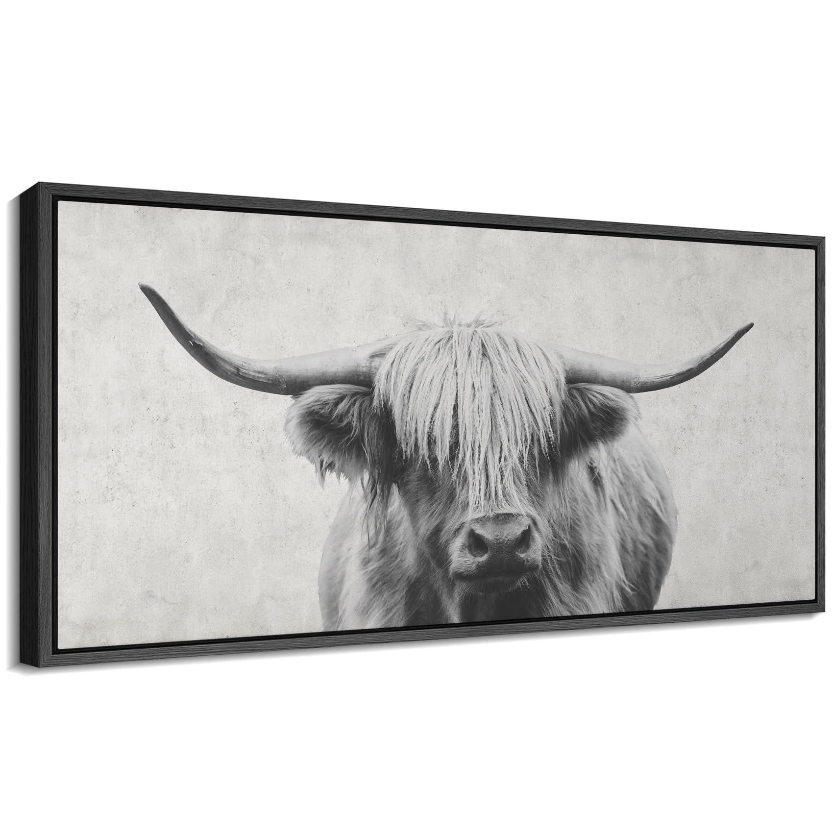 signford extra large framed canvas monochrome highland cow black and white rustic animal portrait illustrations modern art calm warm for living room, bedroom, office - 60"x30"