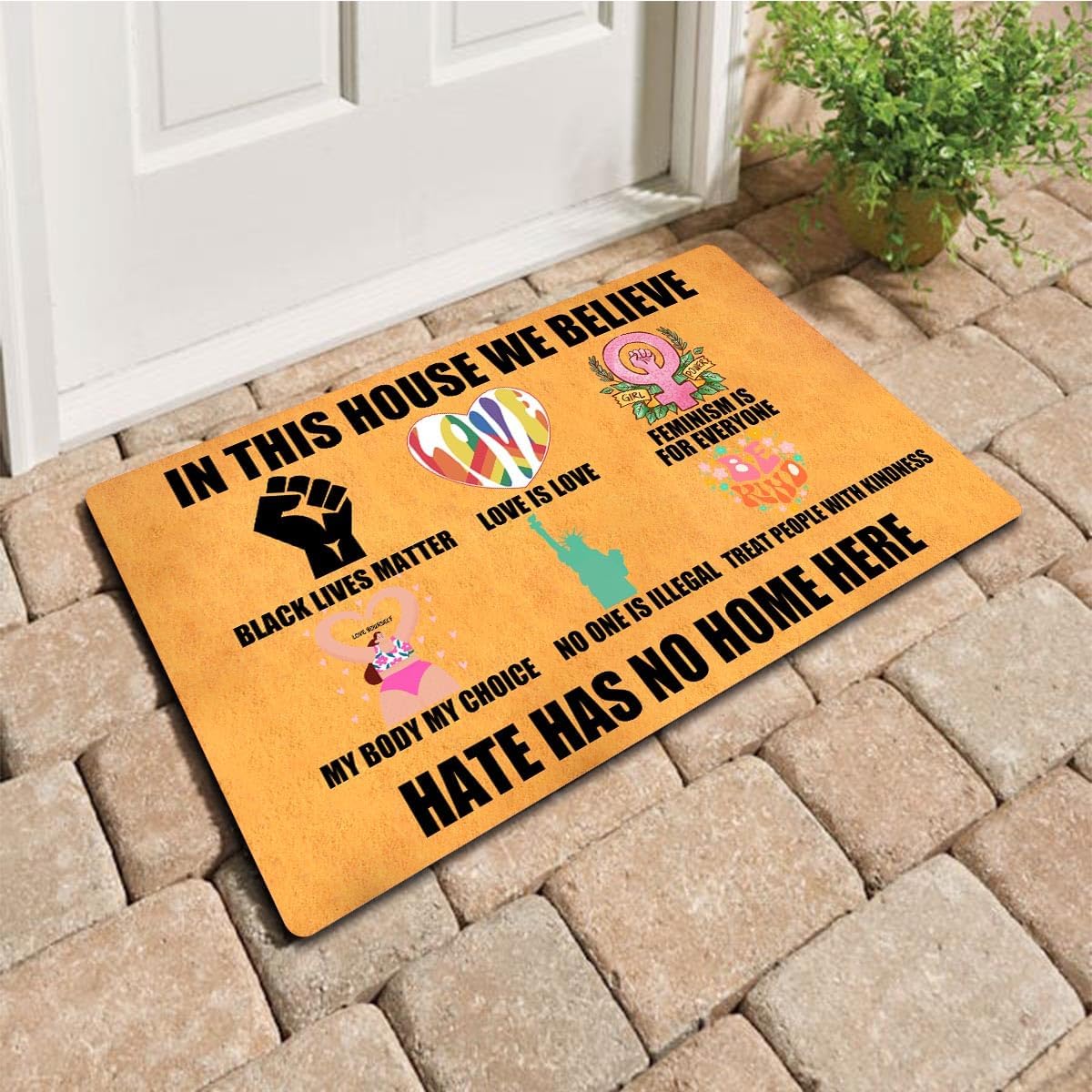 Funny Welcome Doormat Front Porch Decor Rugs With Rubber Back 30"(L) x 18"(W) Personalized Mat For Entrance Outside Monogram Mats (In This House We Believe Black Lives Matter Hate Has No Home Here)