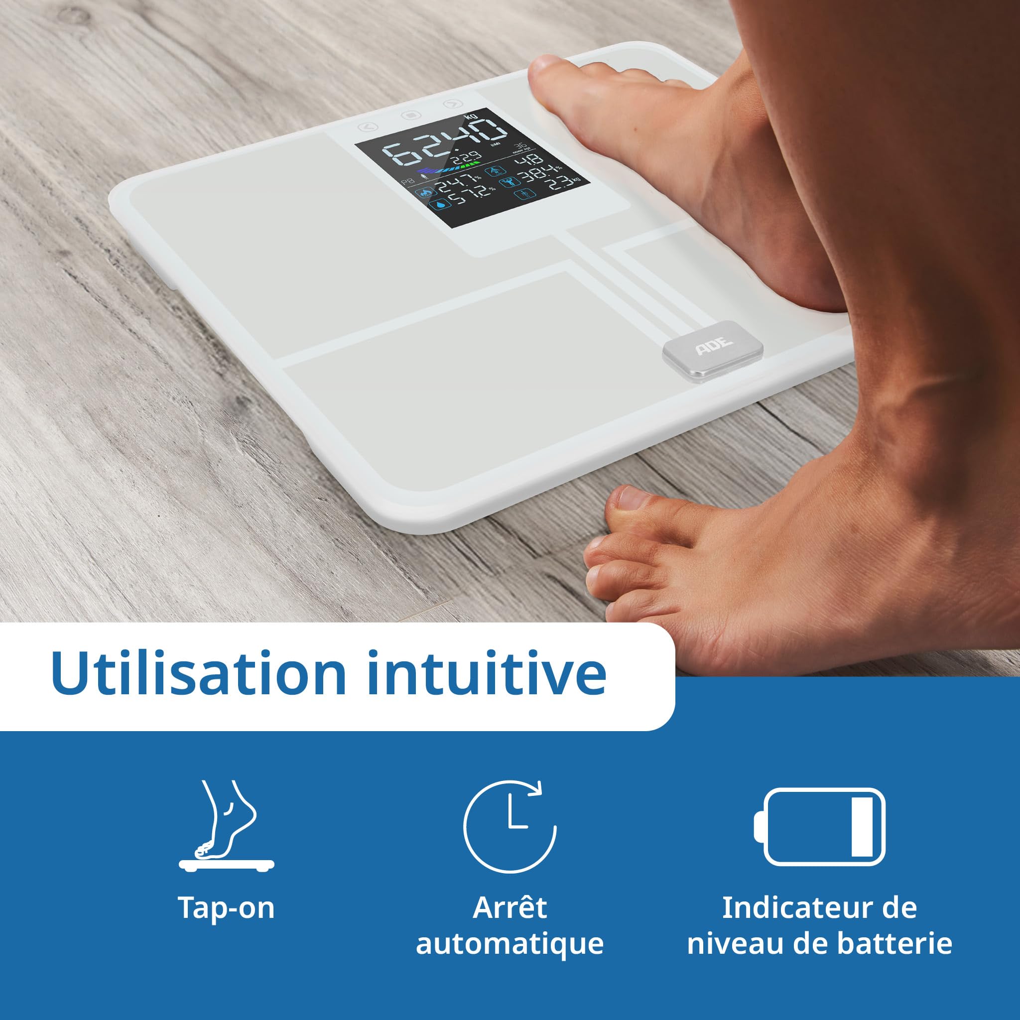 ADE Balance pese personnes impedancemetre | balance numerique avec grand écran couleur | toutes les valeurs en un coup d'œil | pèse personne masse graisseuse et muscle jusqu'à 200 kg | blanc