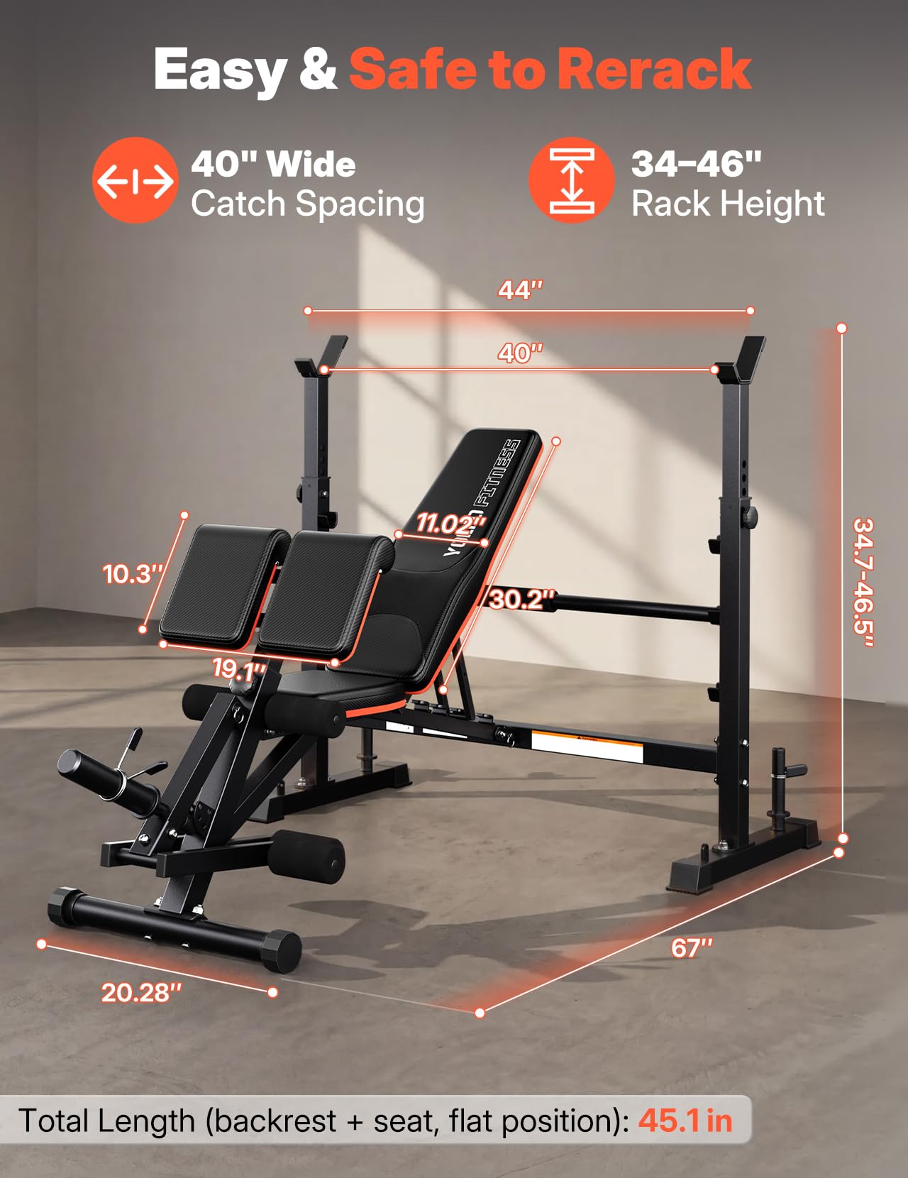 YOLEO Olympic Weight Bench, Adjustable Bench Press Rack, Foldable 1870LB | Roman Chair Upgrade, 40" Wide Grip Fits 6-7 ft Olympic Bar, Ergonomic Backrest, Commercial Grade All in One Bench Set