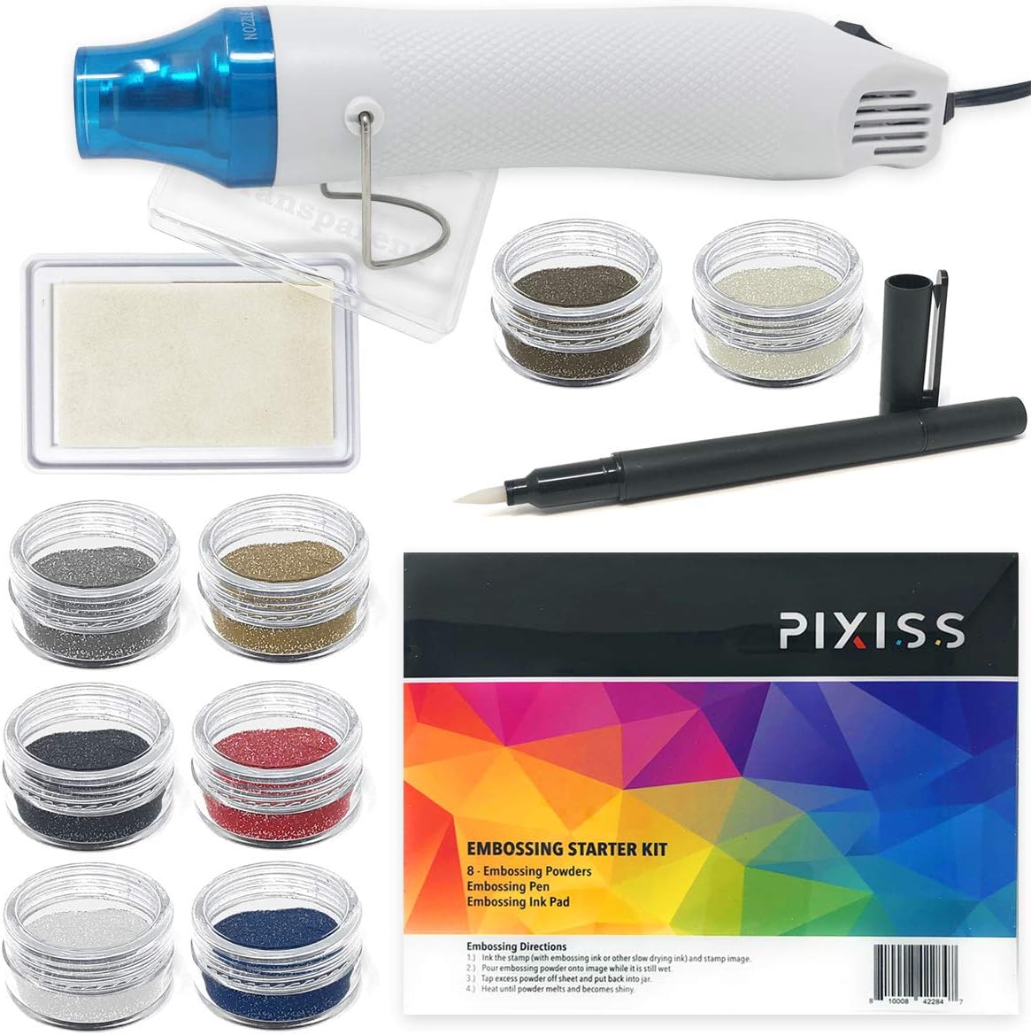 Embossing Kit with Heat Tool Bundle, Embossing Powders, Complete Embossing Starter Kit, Clear Embossing Pen, Embossing Ink Pad, 8X 10ml Embossing Powders for Crafts