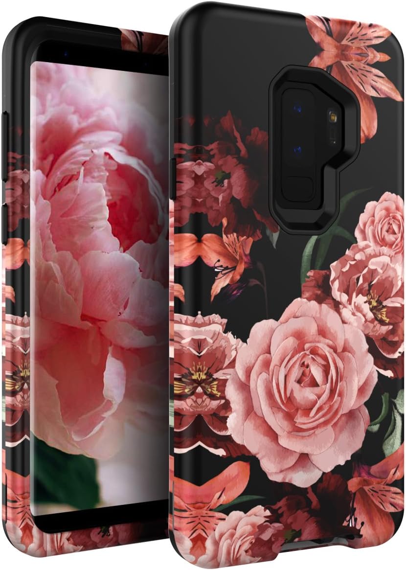 Samsung Galaxy S9 Plus Case Unique Pretty Flowers for Girls/Women Anti-Fingerprint Three Layer High Impact Resistant Hybrid Shockproof Protective Cover,Floral Black