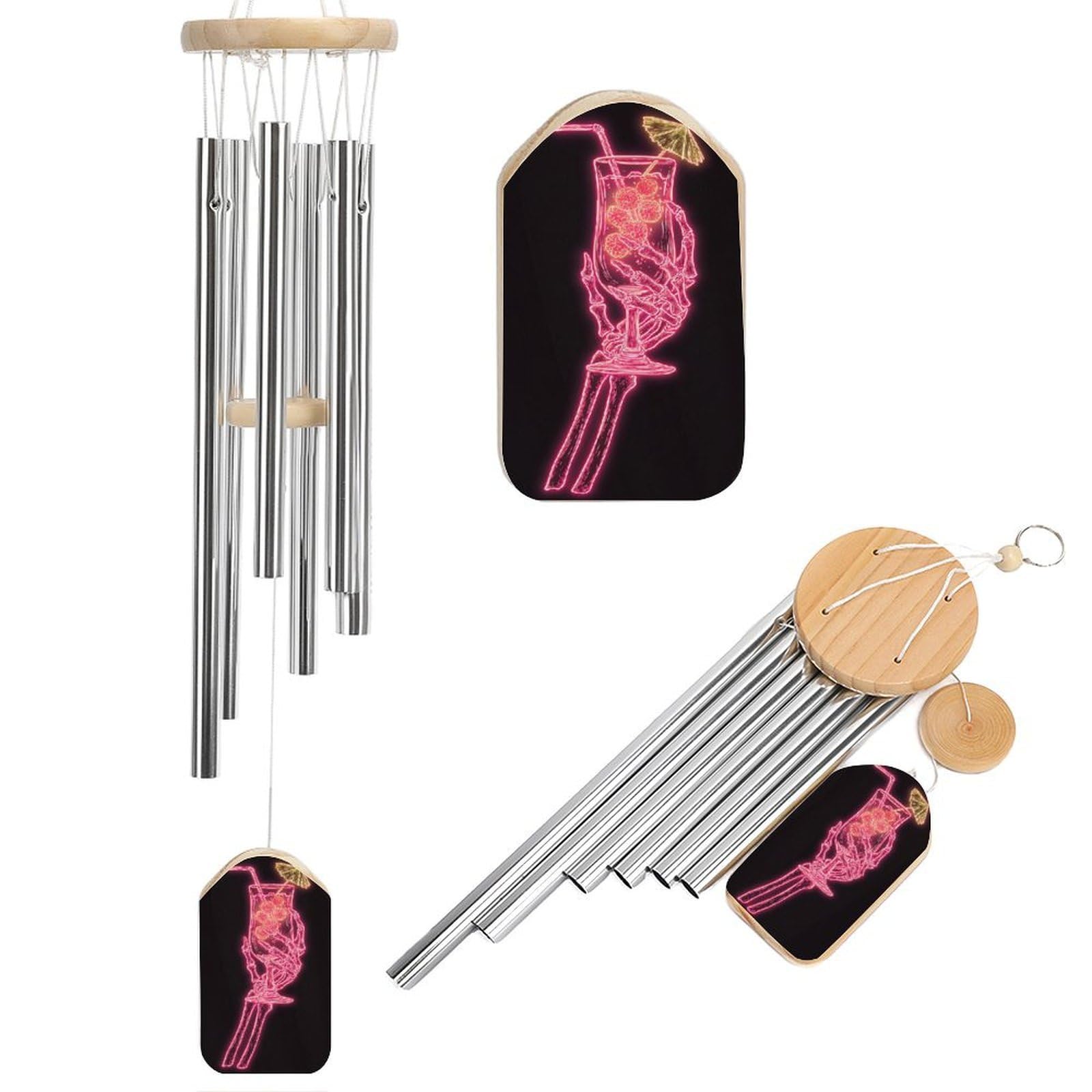 Skeleton Hand Holding Tropical Glass Neon Pink Wind Chimes Memorial Deep Tone Windchime with 6 Aluminum Tubes Outdoor Backyard Garden Decoration
