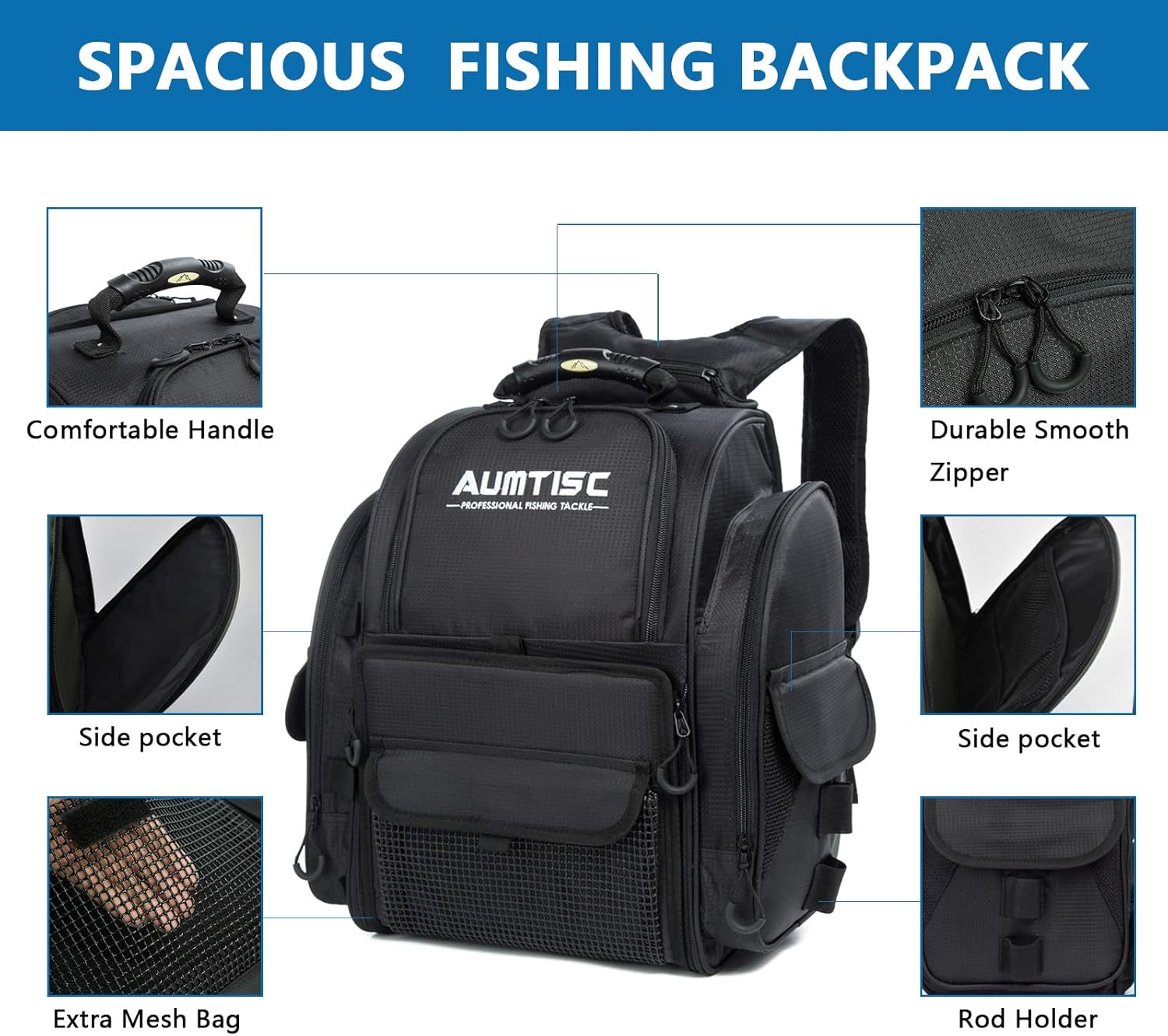 AUMTISC Fishing Tackle Bag Backpack for Men with 4 Tackle Boxes, 2 Rod Holder, Rain Cover, Large Fishing Equipment Gear Bags for Camping, Hiking