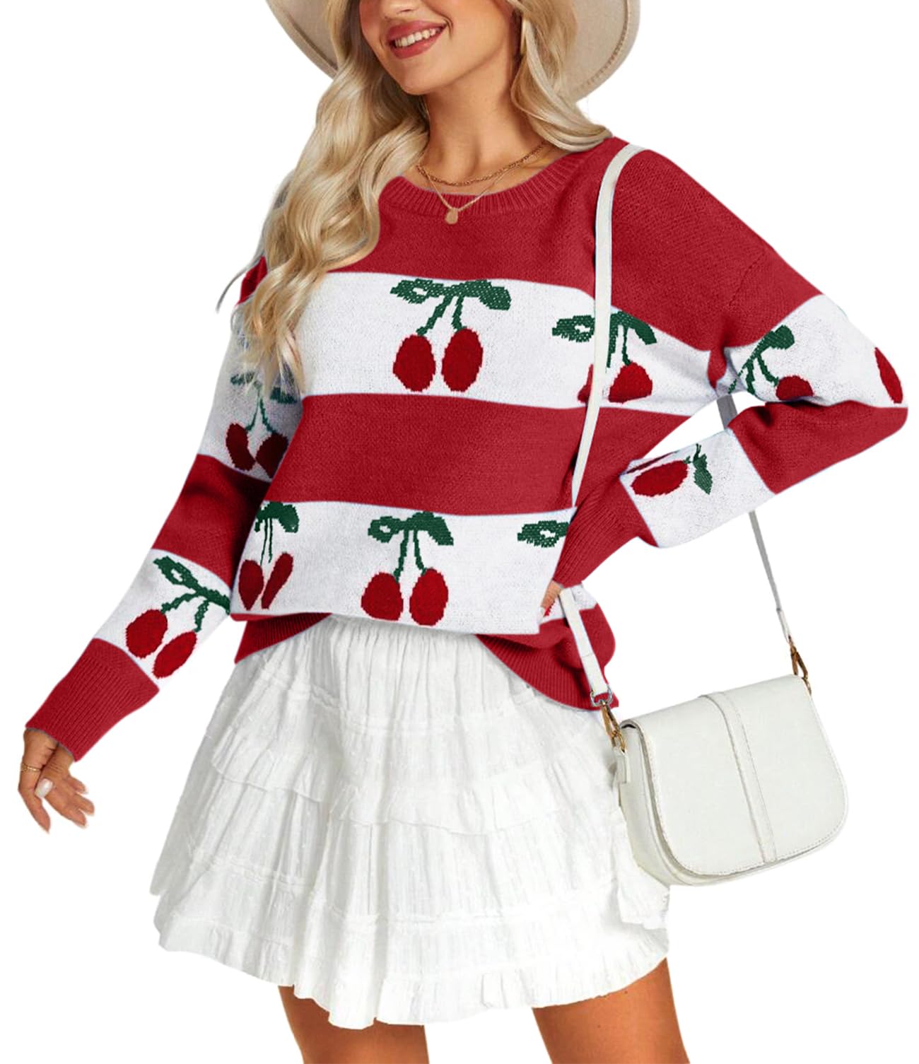 Angashion Sweaters for Women Trendy Cherry Crewneck Long Sleeve Knit Pullover Fall Sweater