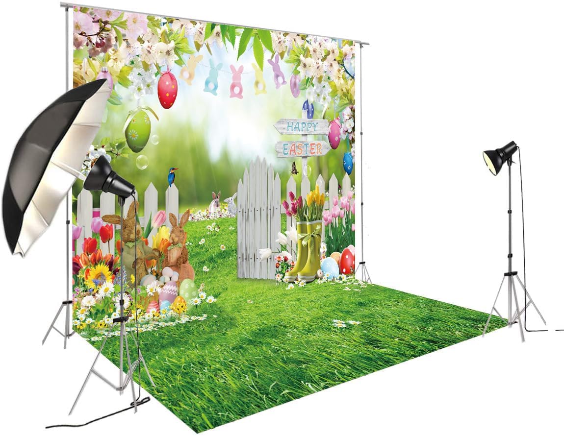 10X10FT Spring Easter Garden Photography Backdrop Easter Backdrops for Photography Green Grass Lawn Pink Floral Fence Background Baby Children Birthday Party Decorations Banner DH-1104