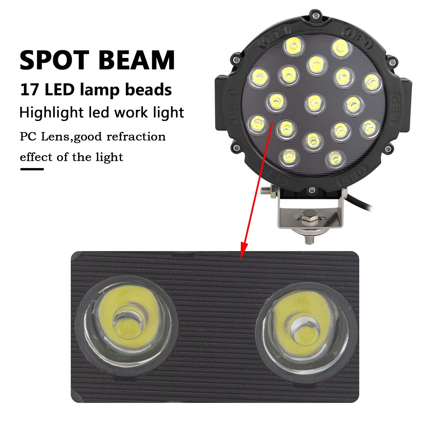 RIGIDON 2 Pcs faros trabajo led redondo, 7 pulgadas 51W Negro Spot lámpara de conducción 12V 24V foco led tractor impermeable para off road camión coche ATV UTE SUV 4x4, 6000K faros antiniebla