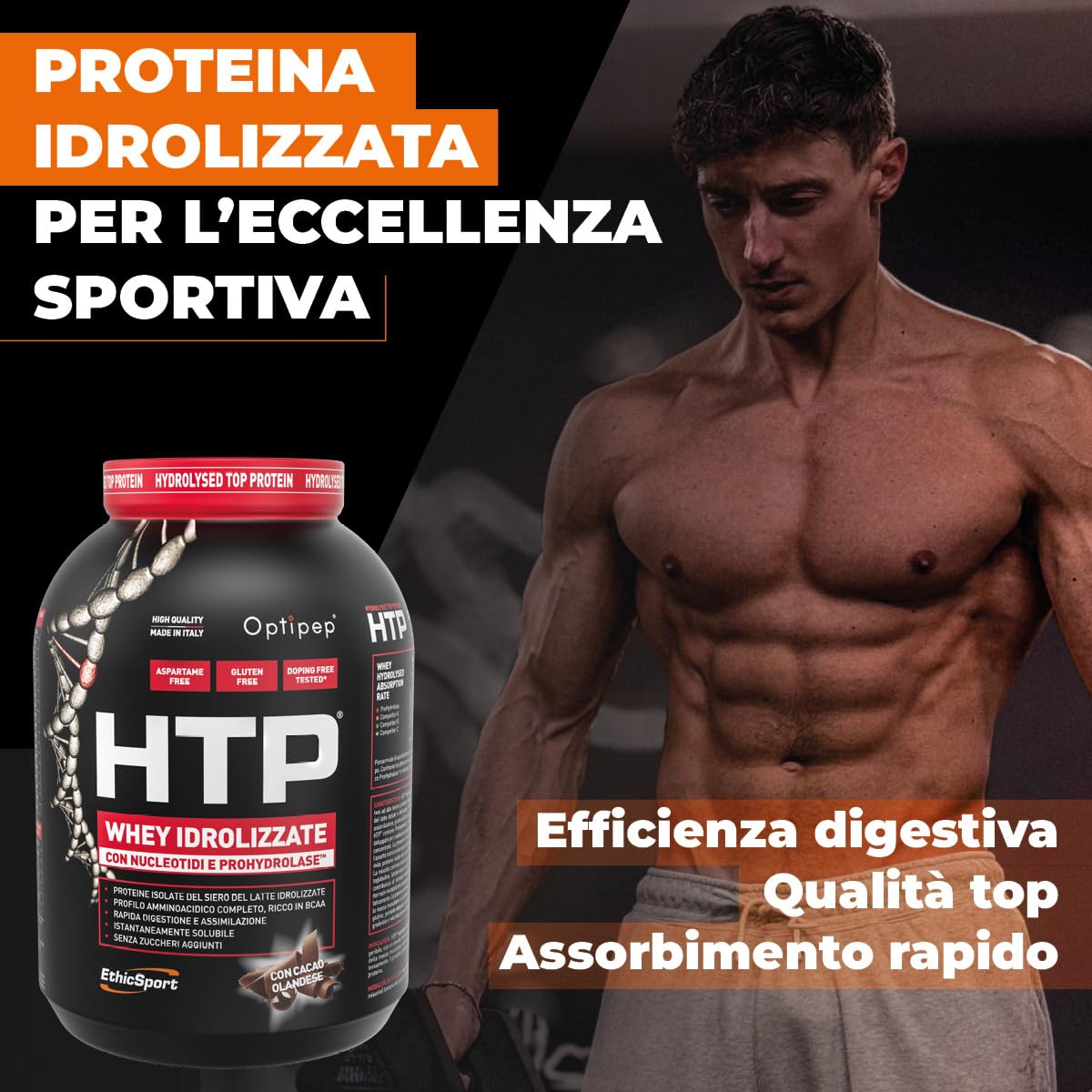 EthicSport HTP – Proteine isolate e idrolizzate Optipep con ProHydrolase e nucleotidi – Supporto alla massa muscolare – 1950 g - doping free tested* - Gusto Cacao