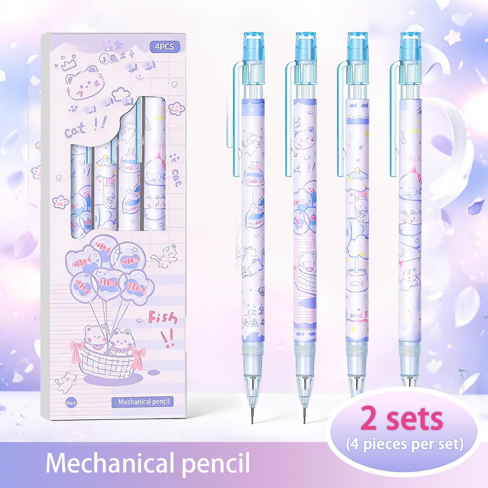 Lot de 8 porte-mines mignons en forme de chat en forme de poisson de 0,5 mm, crayons kawaii pour l'école, les étudiants, les femmes, le bureau, l'école