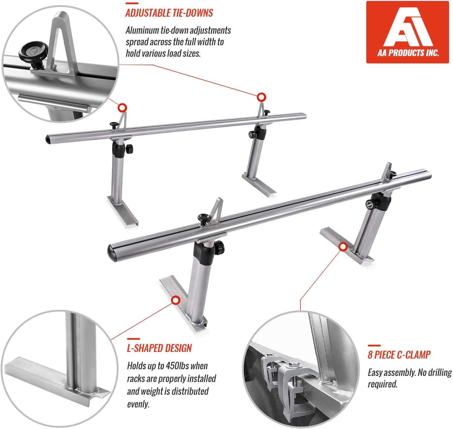 AA-Racks Model APX2501 75" Full-Size Pickup Truck Ladder Racks Low-Profile Height-Adjustable Utility Aluminum Truck Bed Rack with Load Stops-Silver