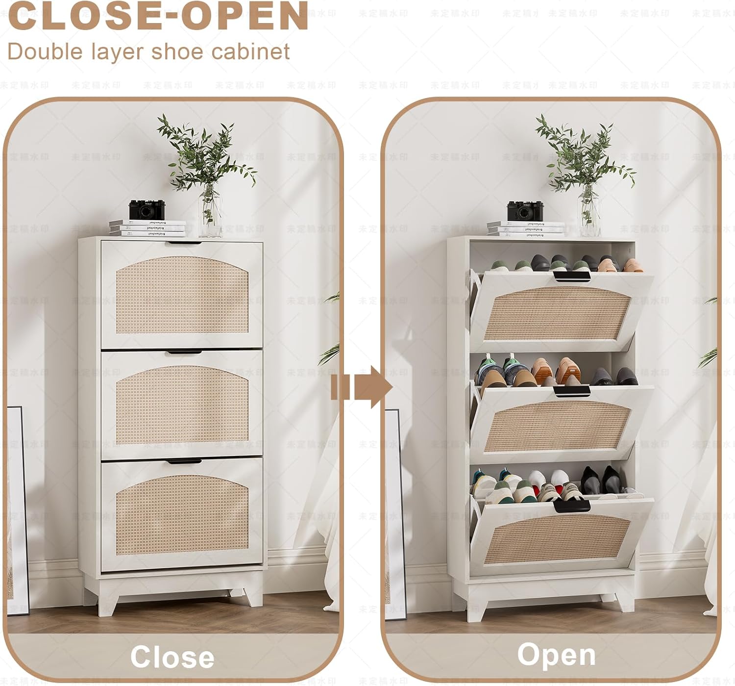 3-Drawer Rattan Shoe Storage Cabinet, Freestanding Narrow Shoe Organizer with Flip Drawers, Hidden Shoe Rack Dresser for Entryway/Hallway (White) - Image 6