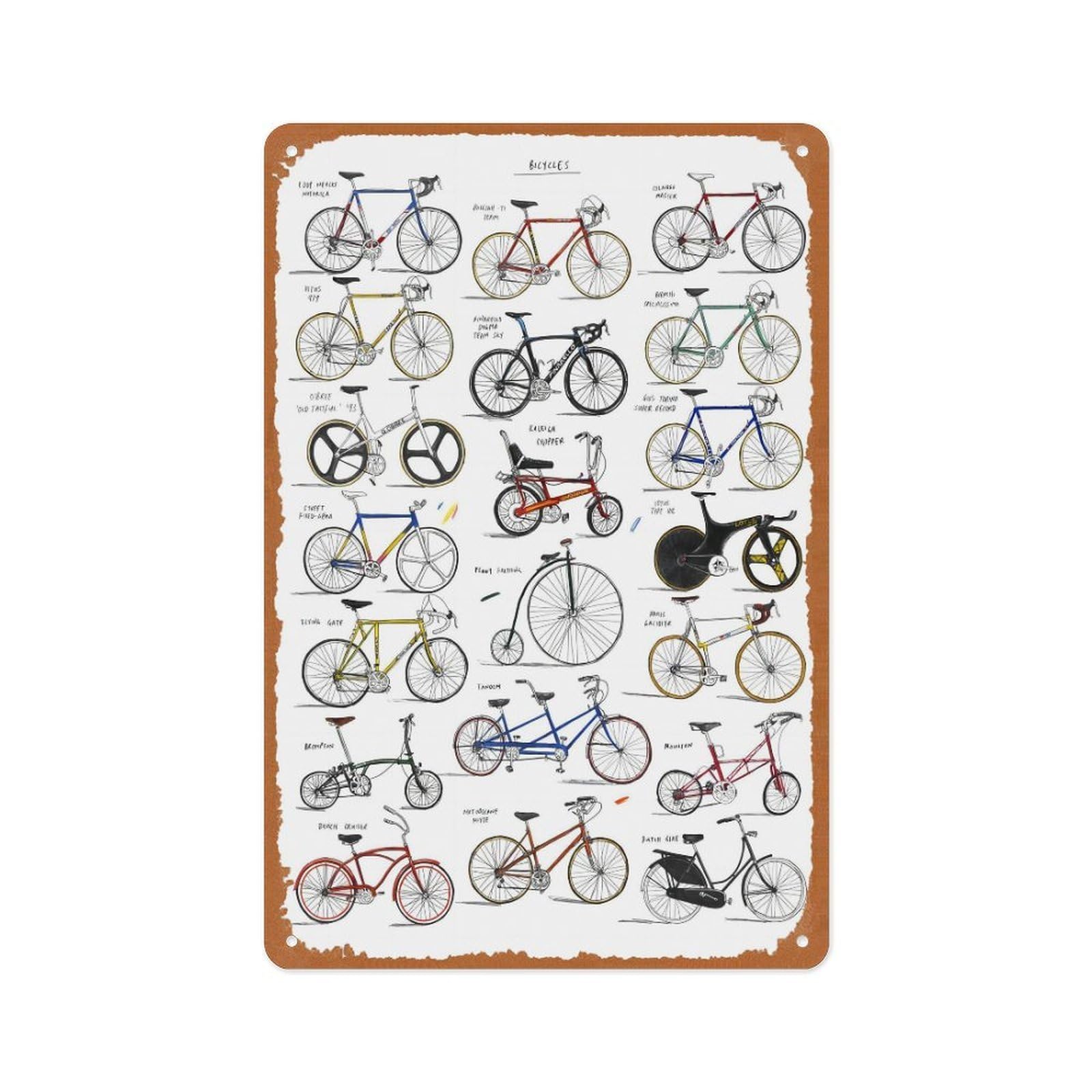 peiyeety Illustrations A Collection Of Bicycles Poster Retro Vintage Metal Sign Plaque, For Home Man Cave Art Wall Decoration 8x12 Inch
