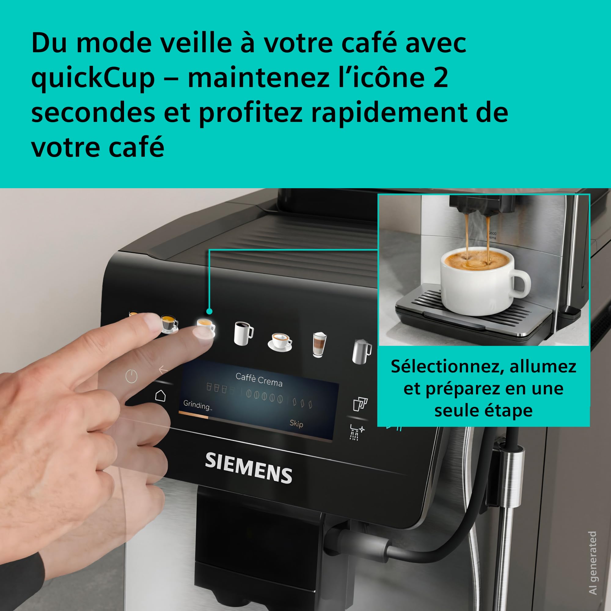SIEMENS EQ600 iAroma, machine à café automatique avec broyeur, écran tactile et réservoir à lait, cafés et boissons lactées jusqu’à 480 ml, inox, TP605EM3