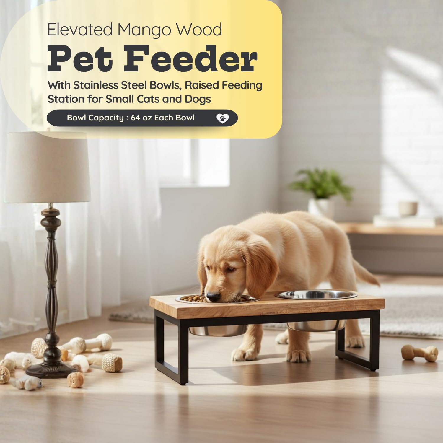 Soporte elevado de madera para perros con 2 cuencos de acero inoxidable para alimentos, plato de alimentación de agua de 4 pintas/2 cuartos de galón, comedero para mascotas para gatos y