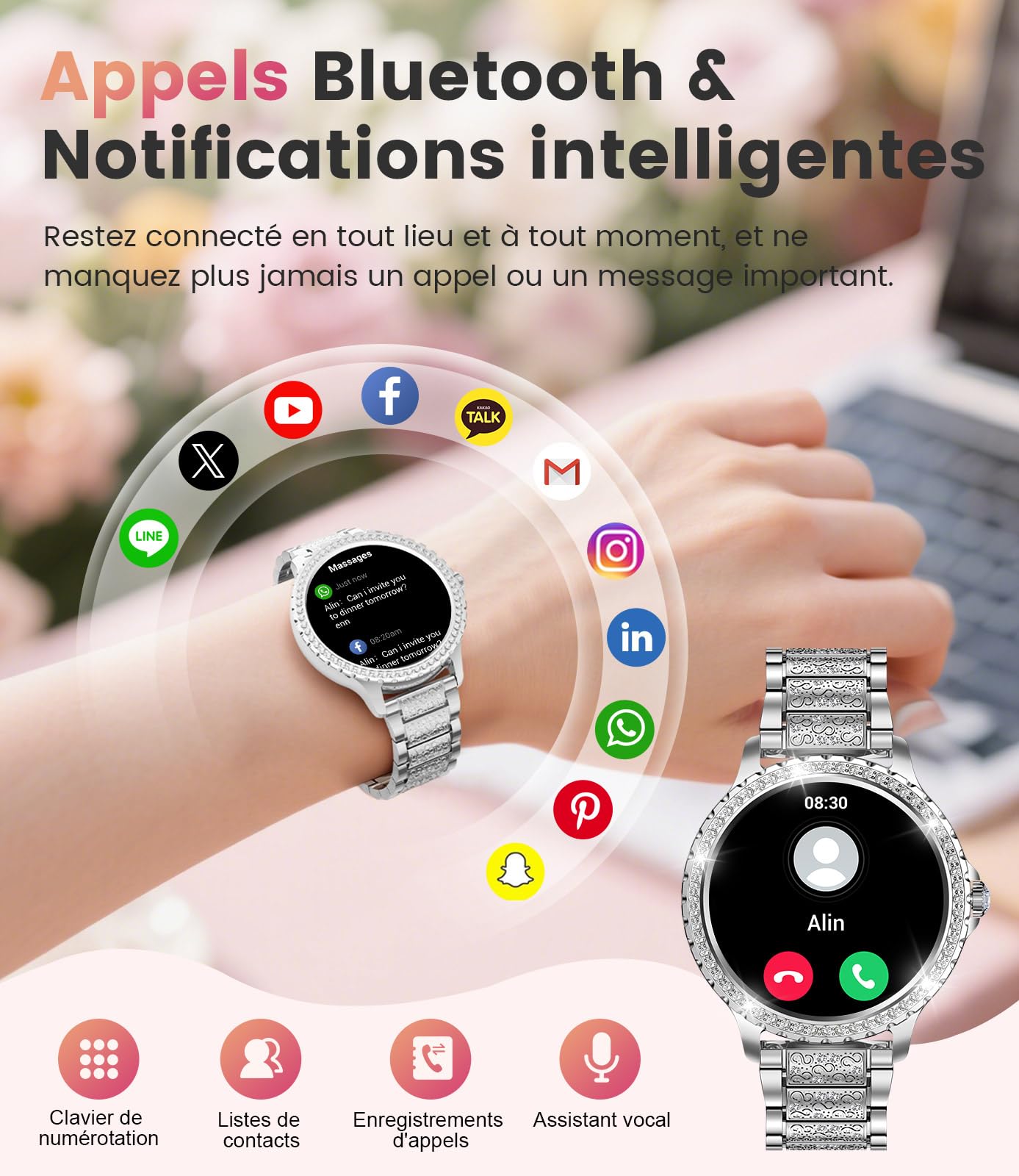 FITFLEX Montre Connectée Femme avec Appel Bluetooth: 1.32" Smartwatch avec Fonction Féminine Cardiofréquencemètre SpO2 Sommeil Montre Modes Sport Montre IP67 Fitness Podomètre pour Android iOS