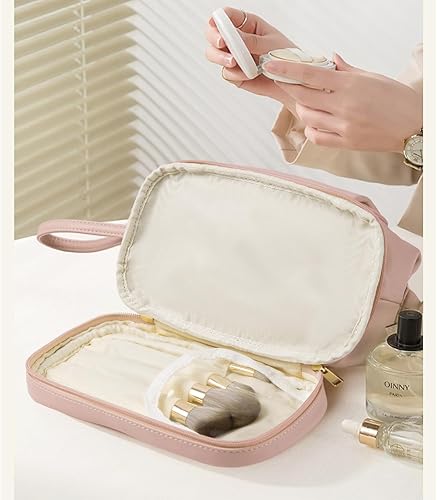 Miniatura 8 de Telena Bolsa de maquillaje de gran capacidad, bolsas de cosméticos de viaje de doble capa, bolsa de maquillaje portátil de cuero para mujeres
