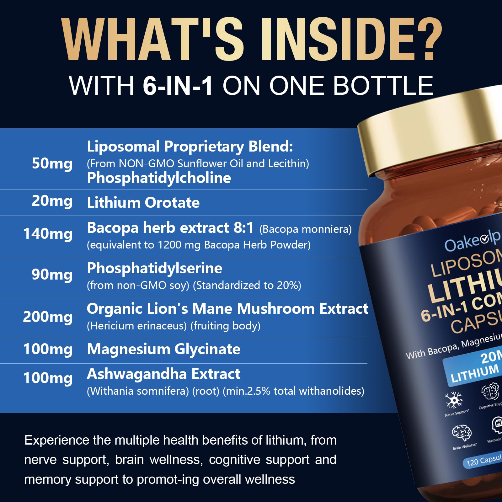 Amazon.com: Liposomal Lithium Orotate 20MG Capsules - Complex Magnesium  Glycinate,Lions Mane, Bacopa, Phosphatidylserine & Ashwagandha, for Mood &  Immune Support, Digestive System Support : Health & Household