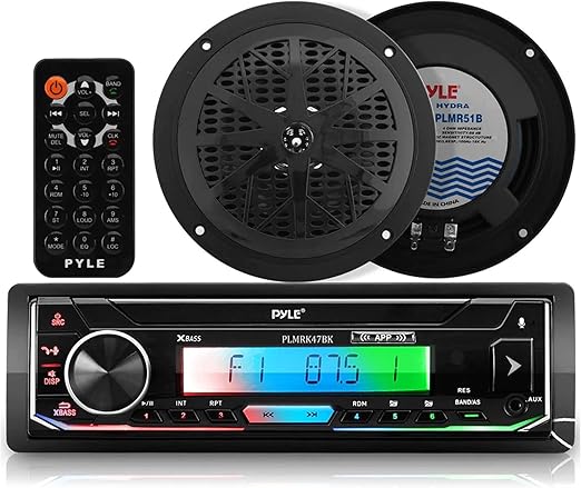 Pyle Bluetooth Marine Receiver Stereo & Speaker Kit 300W Single DIN Boat Marine Head Unit l LCD, Mic, Hands-Free Calling, AUX, MP3/USB/SD, AM/FM Radio, Remote - PLMRK47BK (Black)