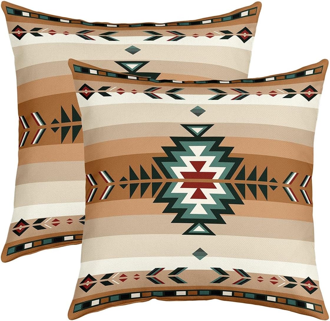 Feelyou 20 x 20-Inch Southwest Native Design Square Cushion Covers Set of 2 Boys Girls Southwestern Geometric Reversible Throw Pillow Covers for Kids Tribal Pillow Covers Home Decor Beige Mu