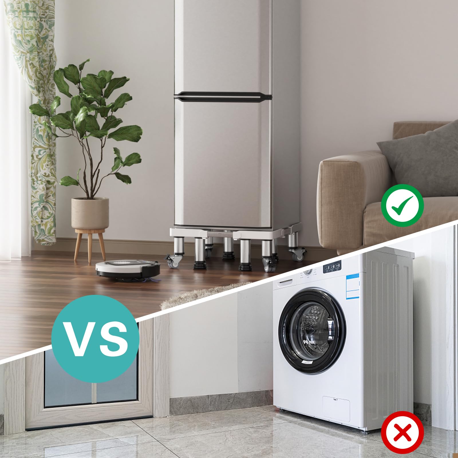 DEWEL Base de Réfrigérateur Réglable longueur 41–59 cm hauteur 16-20 cm Base de Réfrigérateur pour Sèche-linge Frigo Lave-vaisselle avec 4 pieds et 4 roues, Charge 300 kg