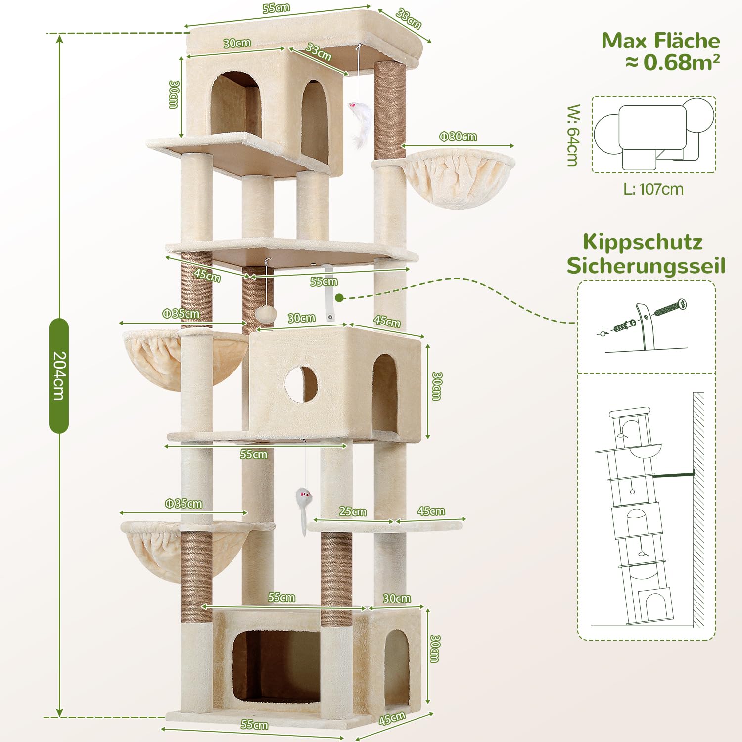 Globlazer F80F Kratzbaum Beige Große XXL 204 cm Stabil für 3-5 Groß Katze | Luxus Katzenbaum mit 3 Katzenhaus, 2 Große Plattformen,3 Weich Katzenkorb für 3-5 Erwachsene Katze Ausruhen Spielen Kratzen