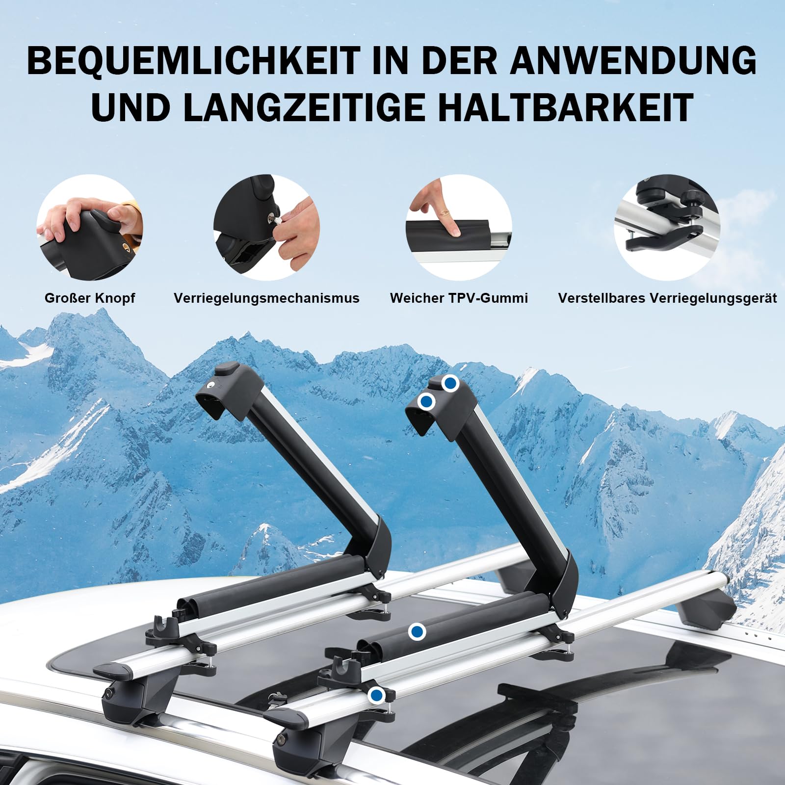 COWVIE Skidachträger fürs Auto, mit TPV-Gummipolsterung und Schloss – für 2 Paar Skier oder Snowboards, inkl. Angelrutenhalter (Silber, 41CM)
