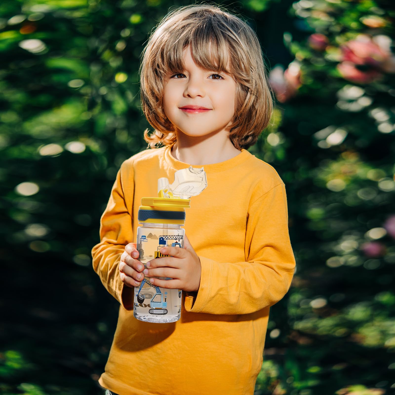 Botella de Agua, A Prueba de Fugas 480ml Botellas con Pajitas, Sin BPA con Asa, Apto para Lavavajillas - Excavadora