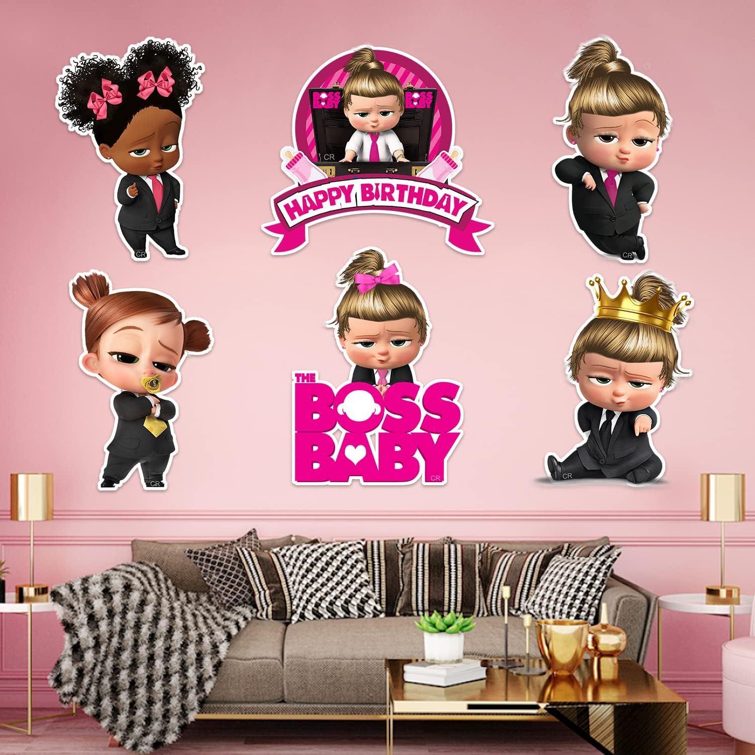 Zyozique Boss Baby Girl Happy Birthday Cardstock Cutout with Glue Dot for Kids Theme for Baby Shower Happy Birthday Decorations Supplies (Pack of 7)