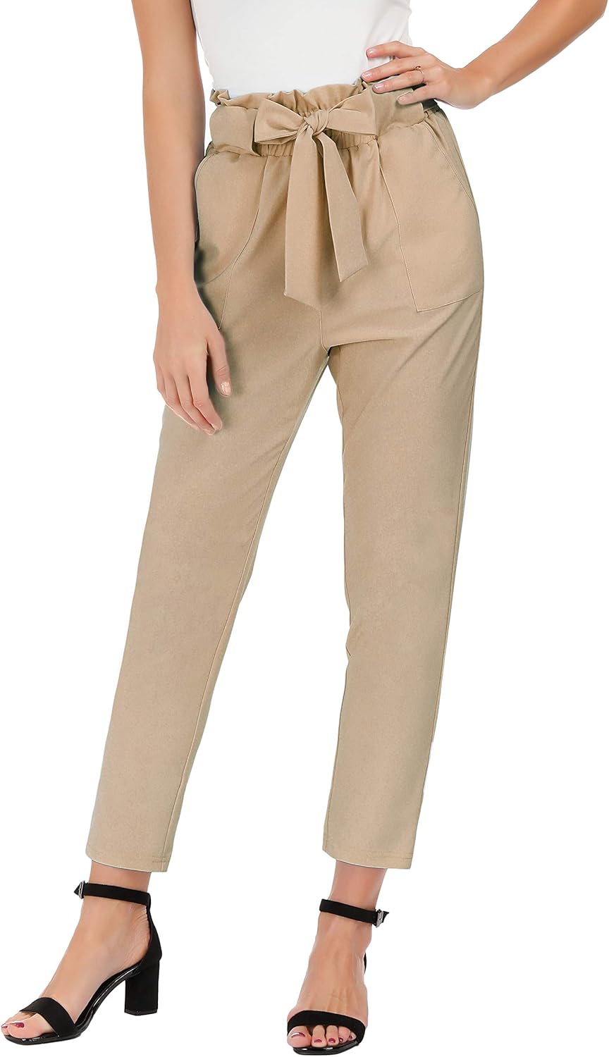 GRACE KARIN Women's Cropped Paper Bag Waist Pants with Pockets Small Camel