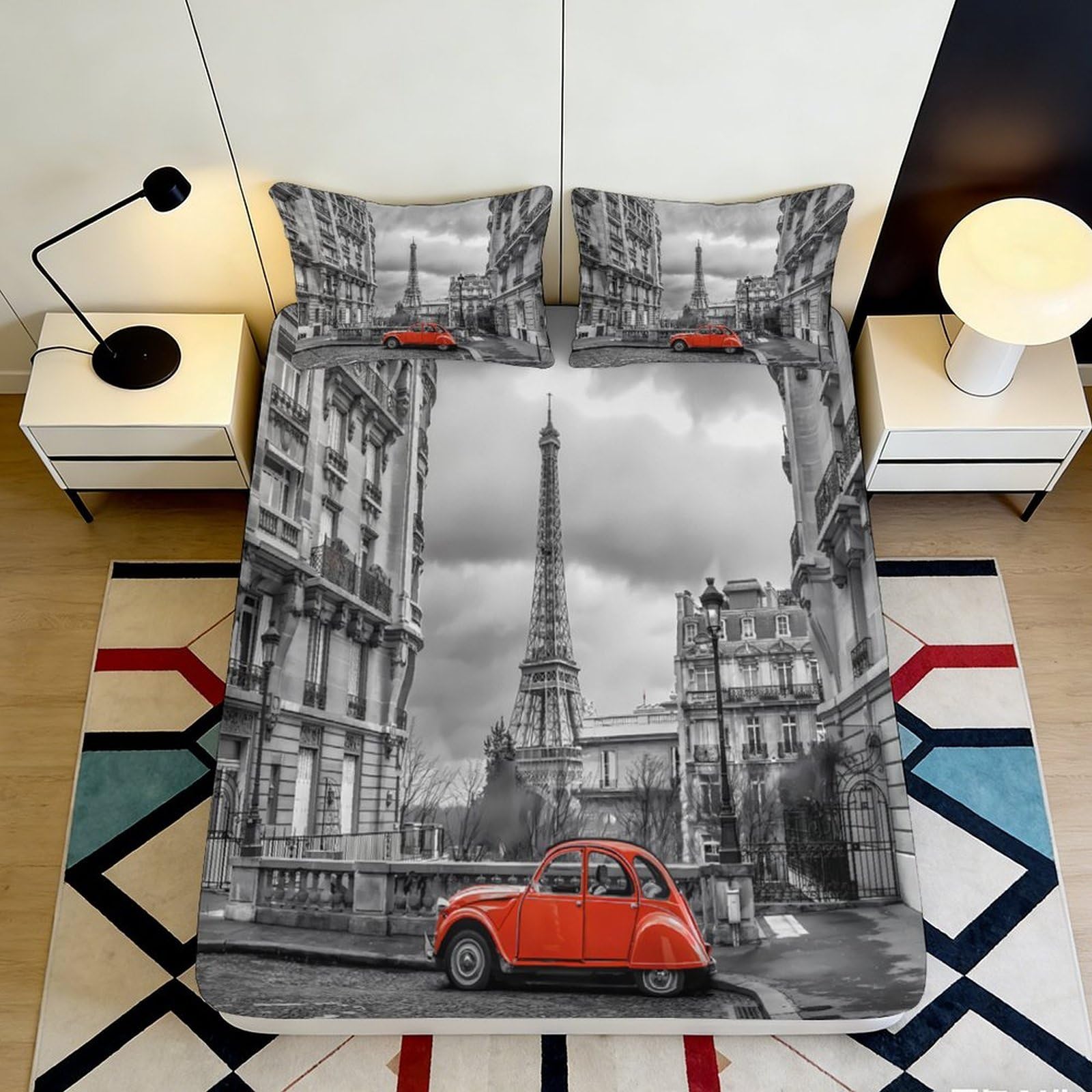 3D Printed Paris Eiffel Tower Fitted Sheet Microfiber Red Car Bed Cover Anti-Slip Machine Washable Bedroom Decor 140x200x25cm