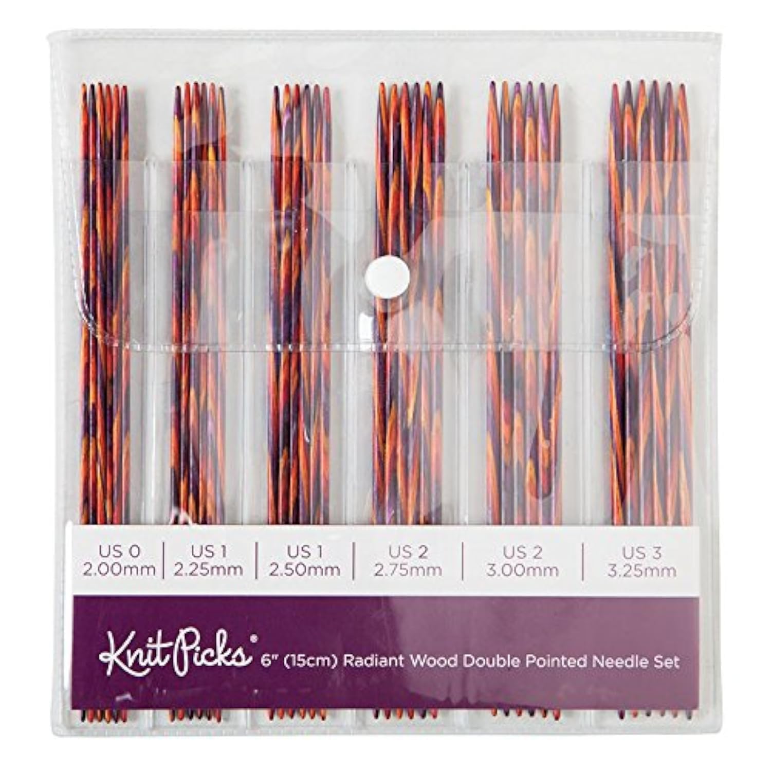 Knit Picks Stricknadel-Set aus Holz, doppelt spitz, strahlend 15,2 cm | Das 15,2 cm große DPN-Set kommt in sechs Größen von 2–3,25 mm, sechs Nadeln pro Größe, mehrfarbige, strahlende Farbe.