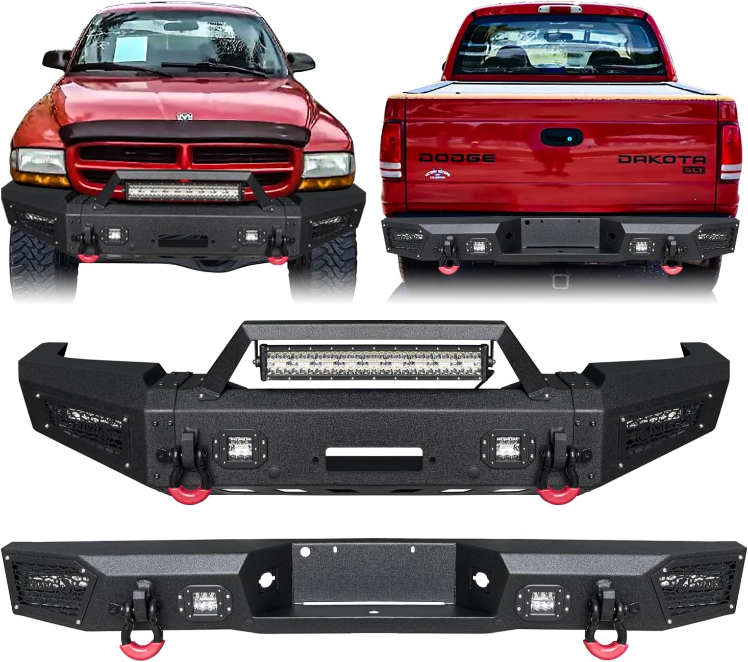 Front and Rear Bumper Compatible with 1997-2004 Dodge Dakota w/Winch Plate &1x144W LED Light & 4x24W LED Lights & 2x4.75T D-Rings & Sensor Mounting Hole）