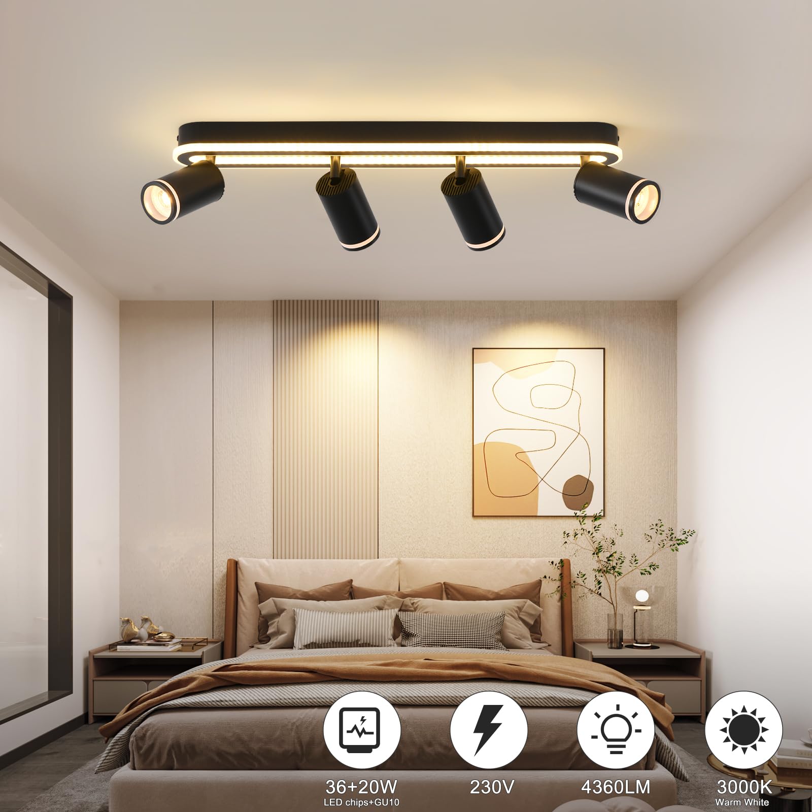 SANSHI Faretti da Soffitto Orientabili Interno LED 4 Luce,Faretti da Parete con Inferiore 36W+4x5W,GU10 Lampadario Faretti,Moderna Plafoniera Faretti Bianco Caldo 3000K per Cameretta Cucina Barra,Nero