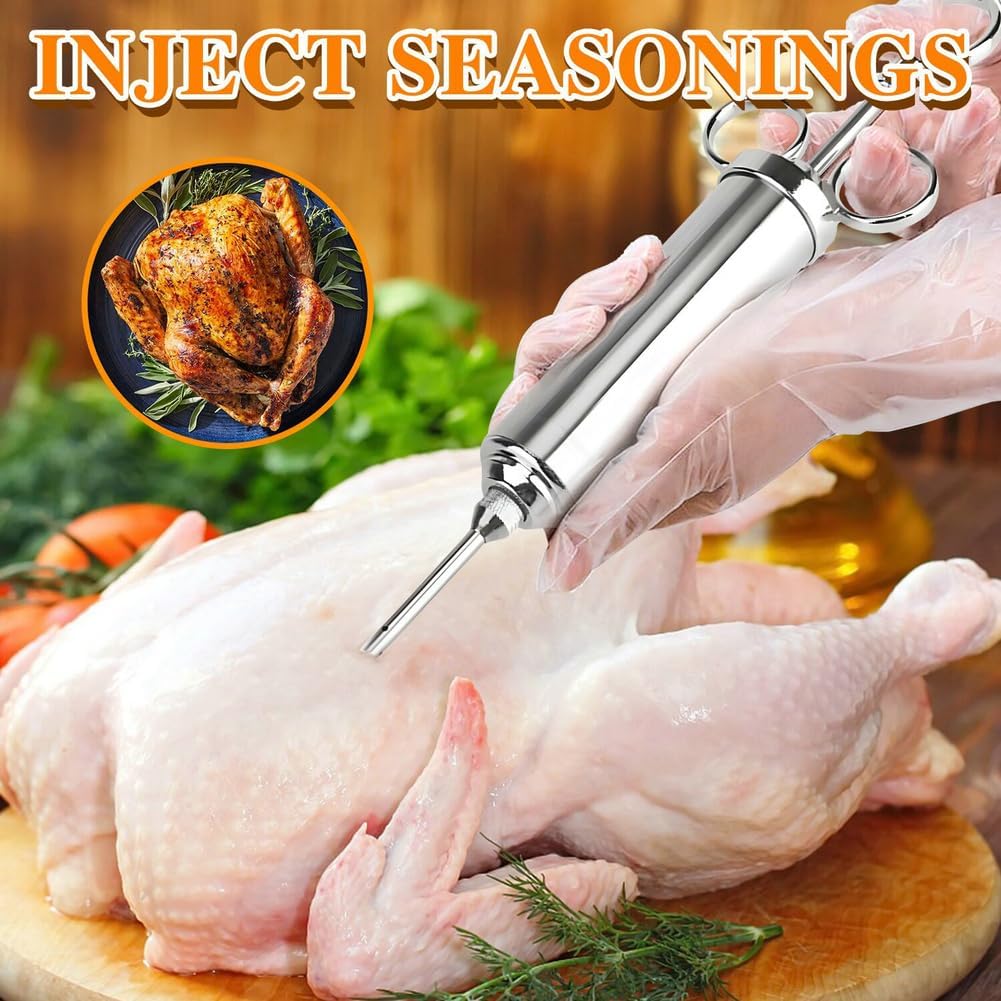 304-Stainless Steel Meat Injector Syringe Kit with 3 Marinade Needles for BBQ Grill Smoker, Turkey, Beef, Brisket, Fish, 2-oz Large Capacity, Silicone Brush and Cleaning Brush